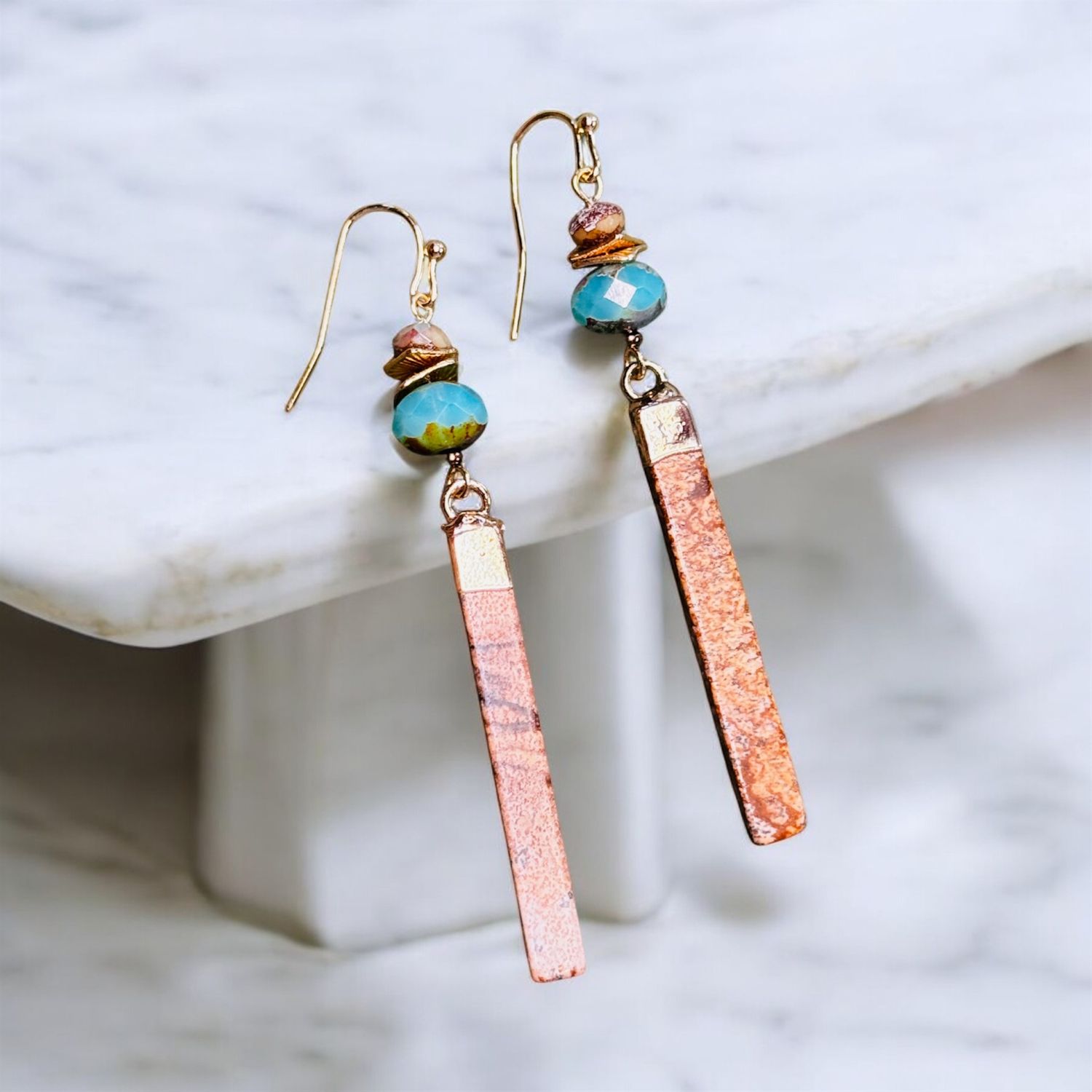 Garnish Earring Long Jasper Stone and Blue Bead