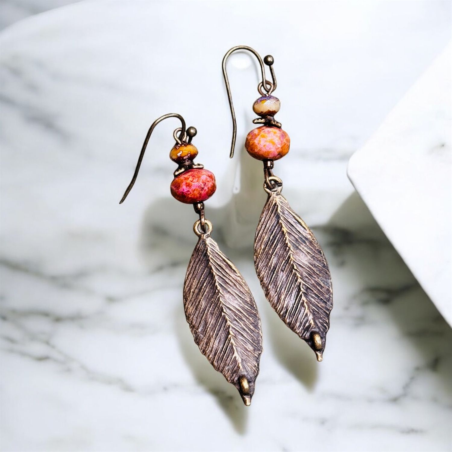 Garnish Earring Bronze Leaf with Coral Bead