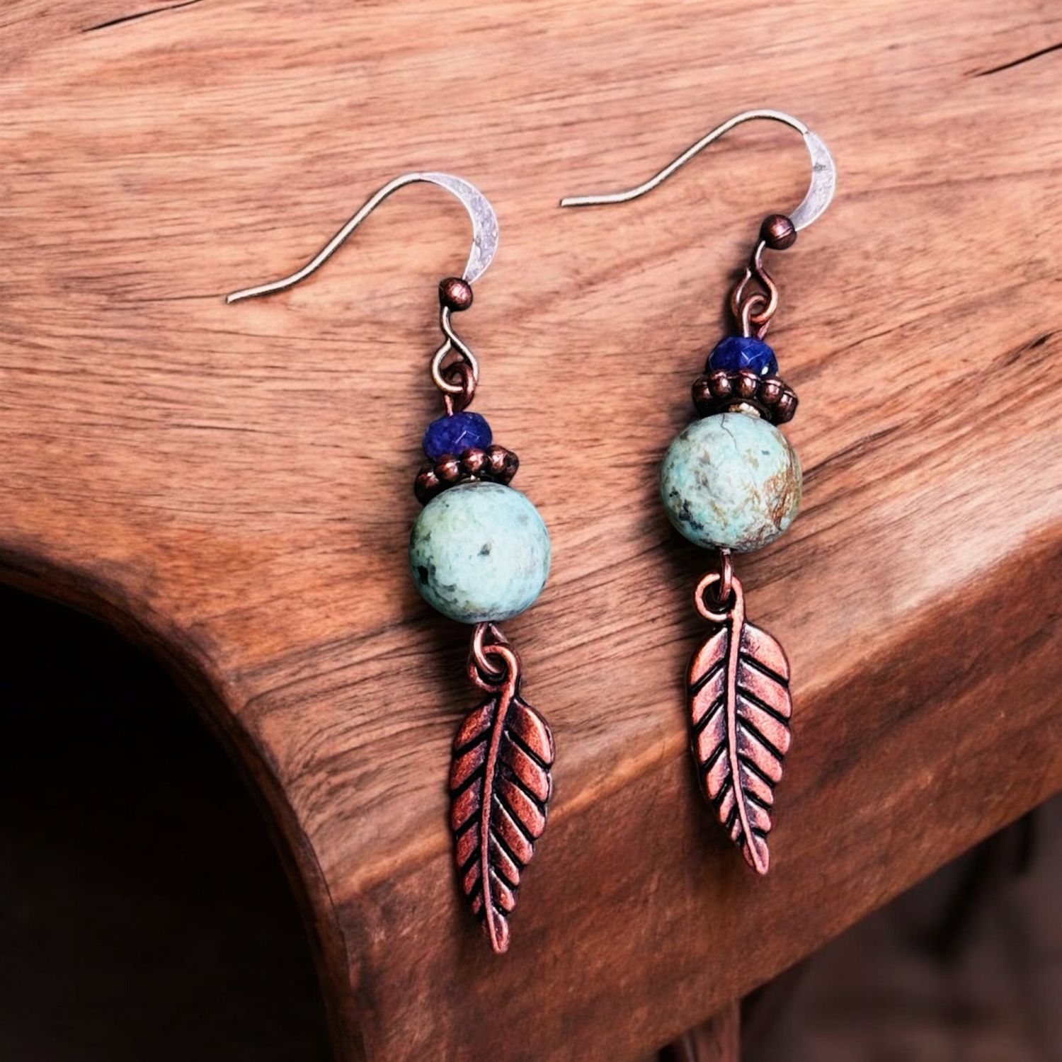 Garnish Earrings African Turquoise and Copper Plated Leaf