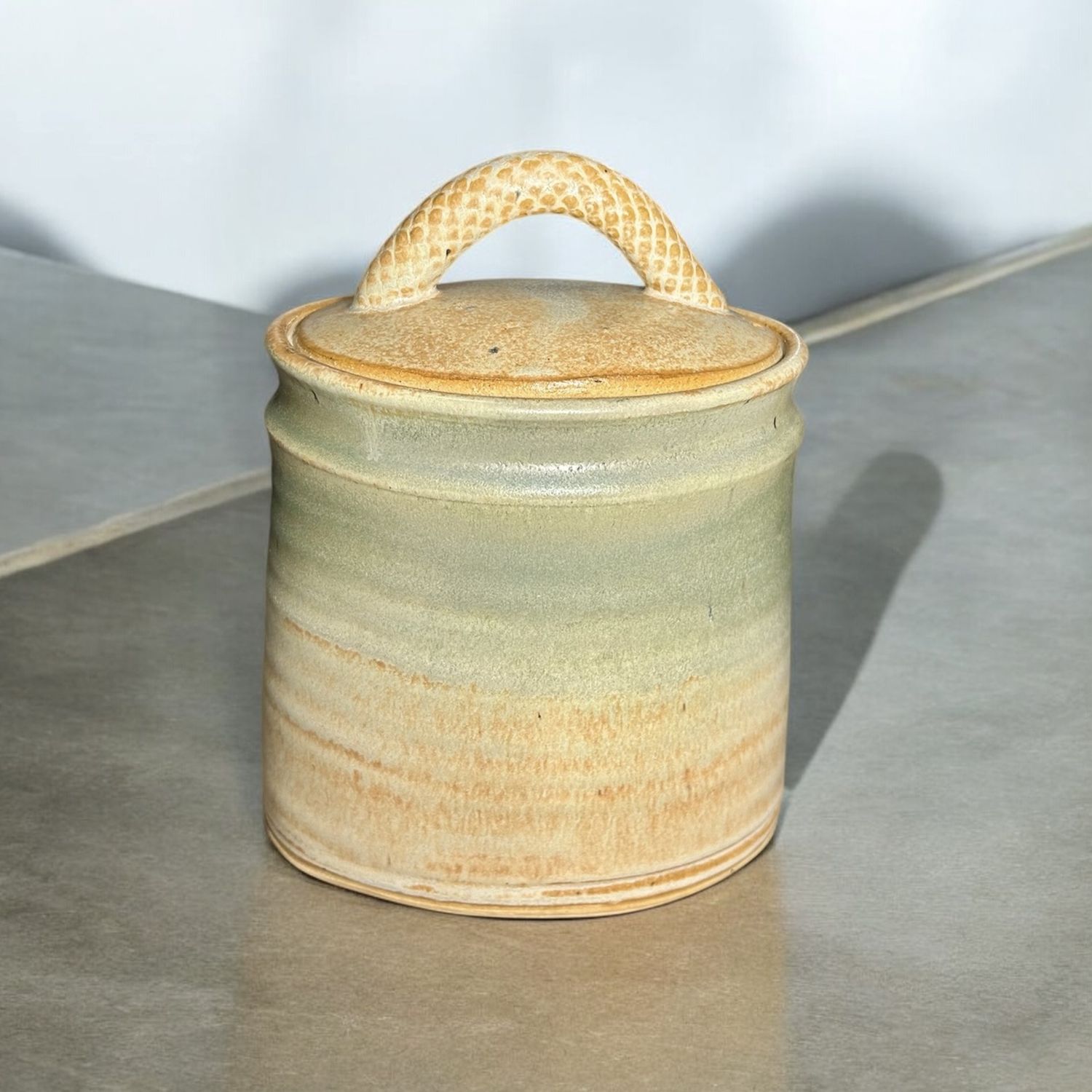 Stoler Sage Green &amp; Tan Oval Jar w/ Cobalt Interior