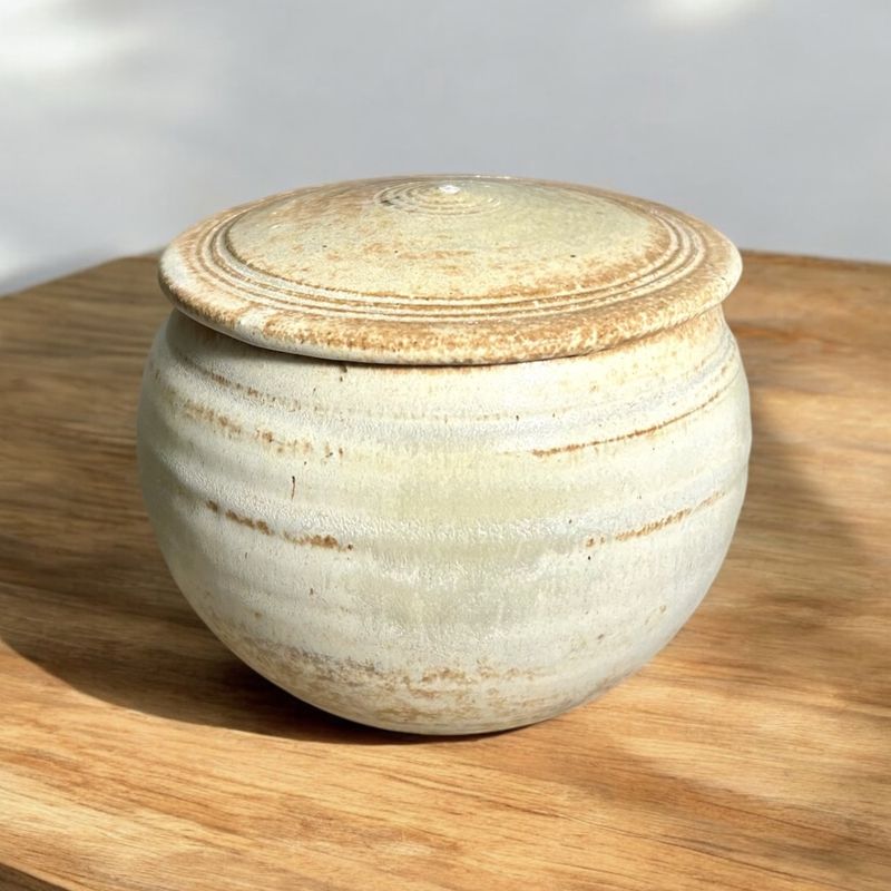 Stoler Lidded Jar Beige &amp; Tan w/ Cobalt Interior
