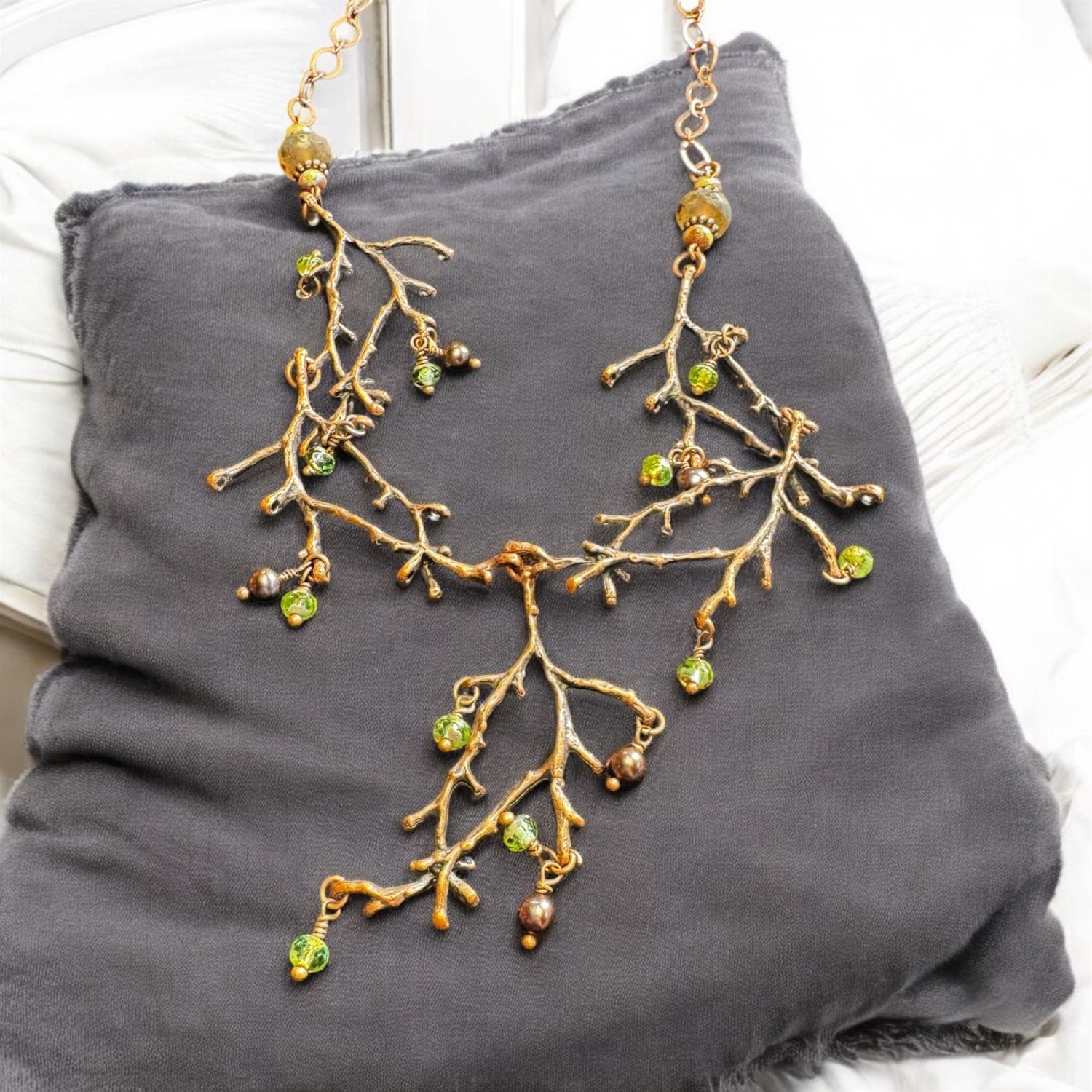 Garnish Necklace Copper Vineyard Freshwater Pearls and Green Czech Glass