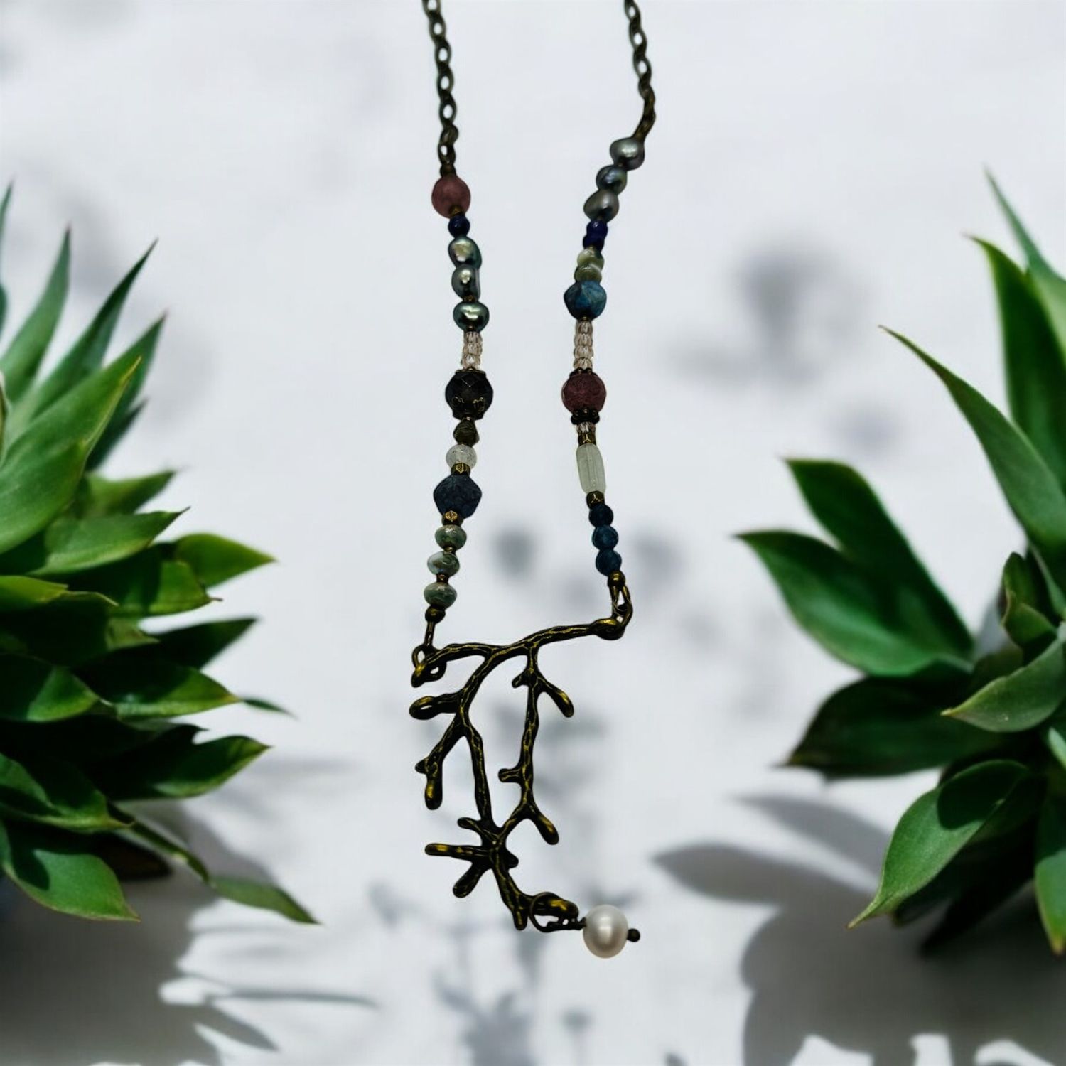 Garnish Vertical Bronze Branch with Sapphires, Strawberry Quarta and Freshwater Pearls