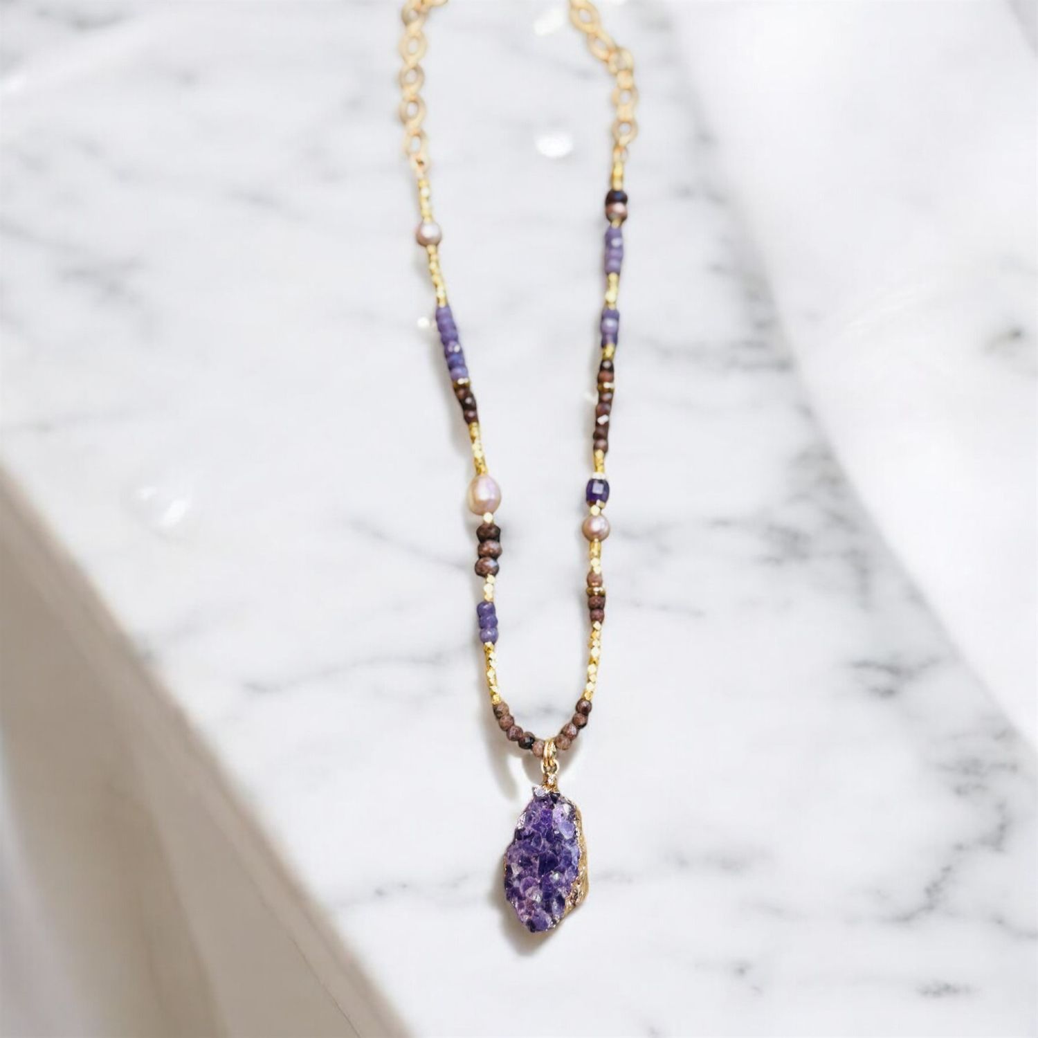 Garnish Necklace Purple Druzy, Amethyst, Angelite Pearl