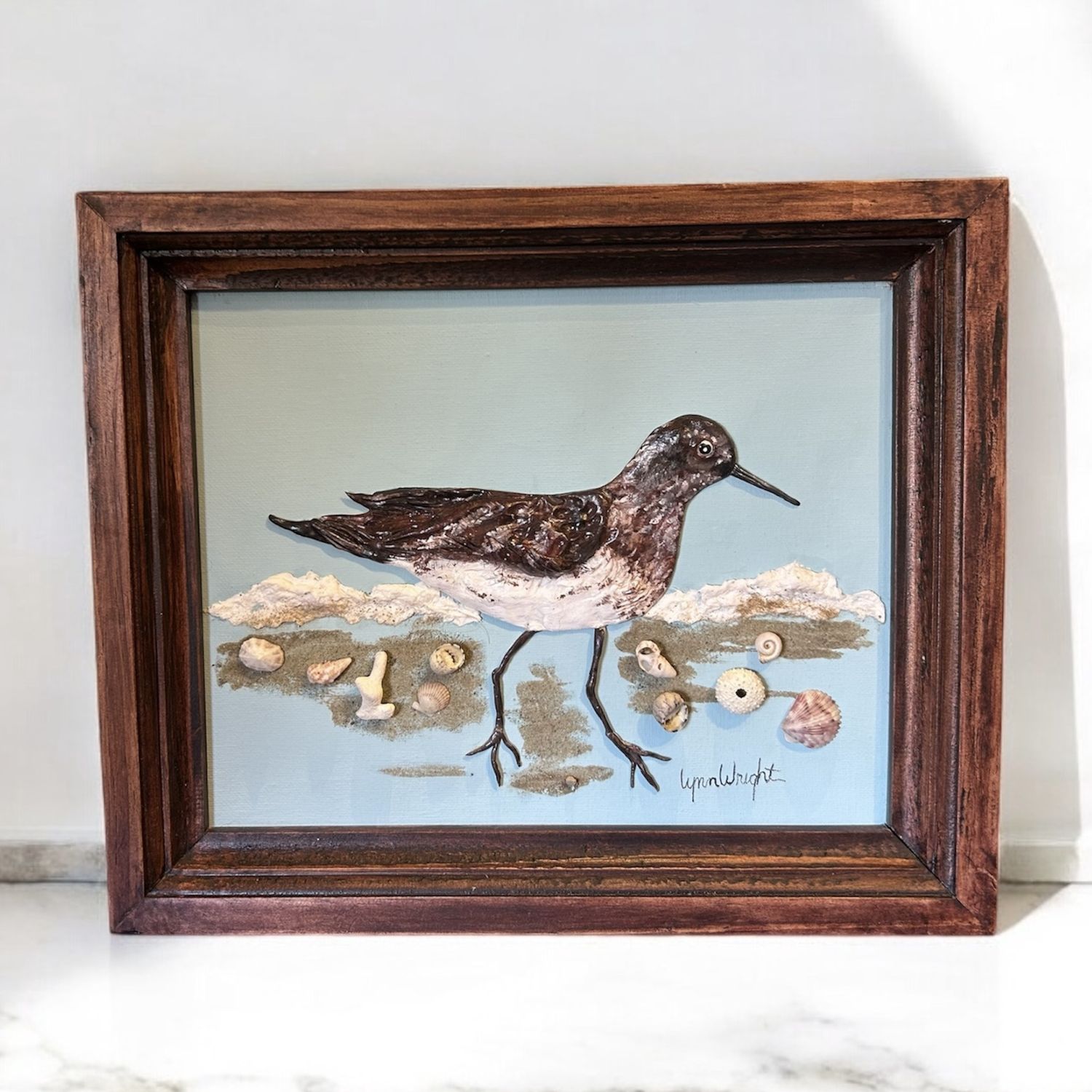 Wright Framed Polymer Clay Art Shore Bird and Shells