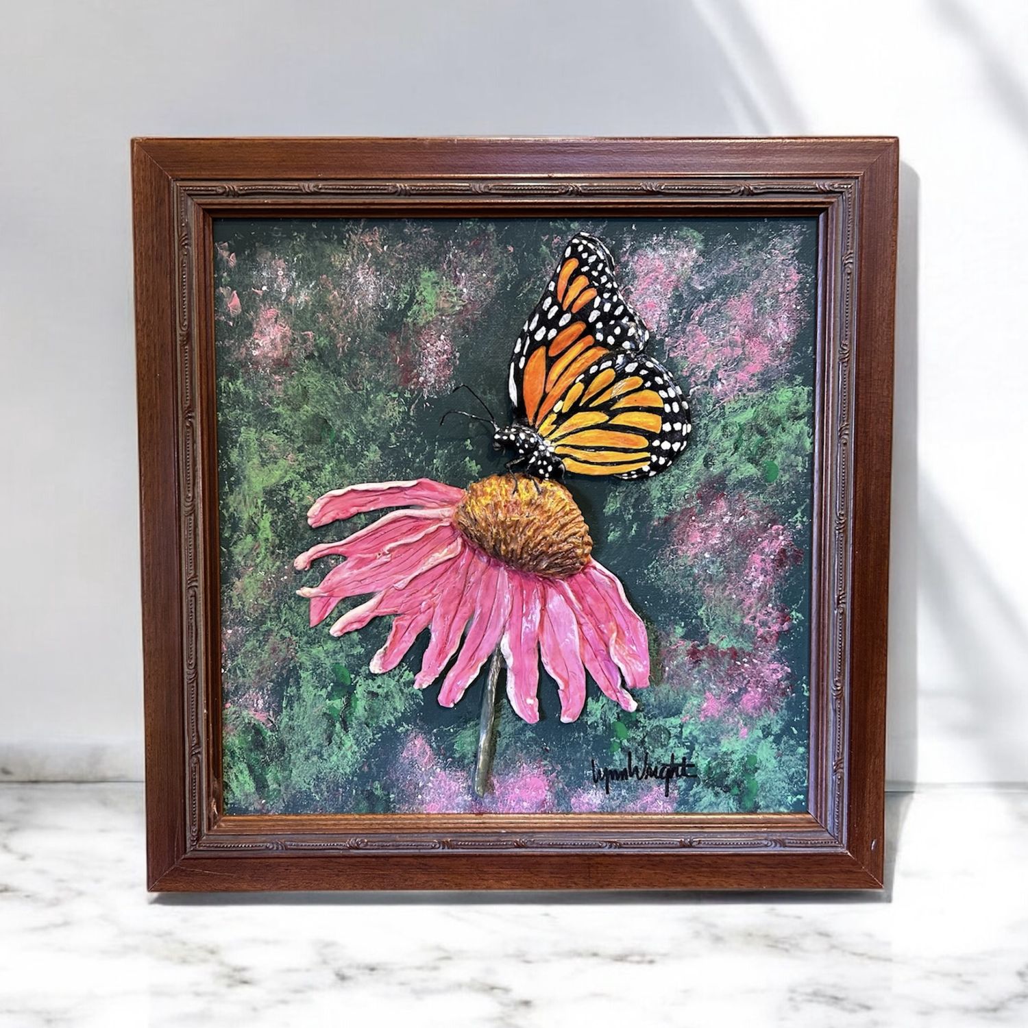 Wright Monarch Butterfly on Cone Flower Framed Polymer Clay