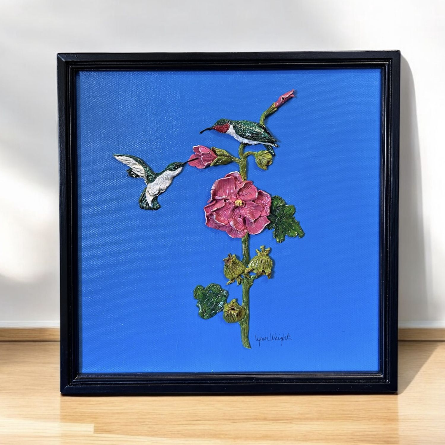 Wright Polymer Clay Framed Art Hollyhocks and Hummingbirds