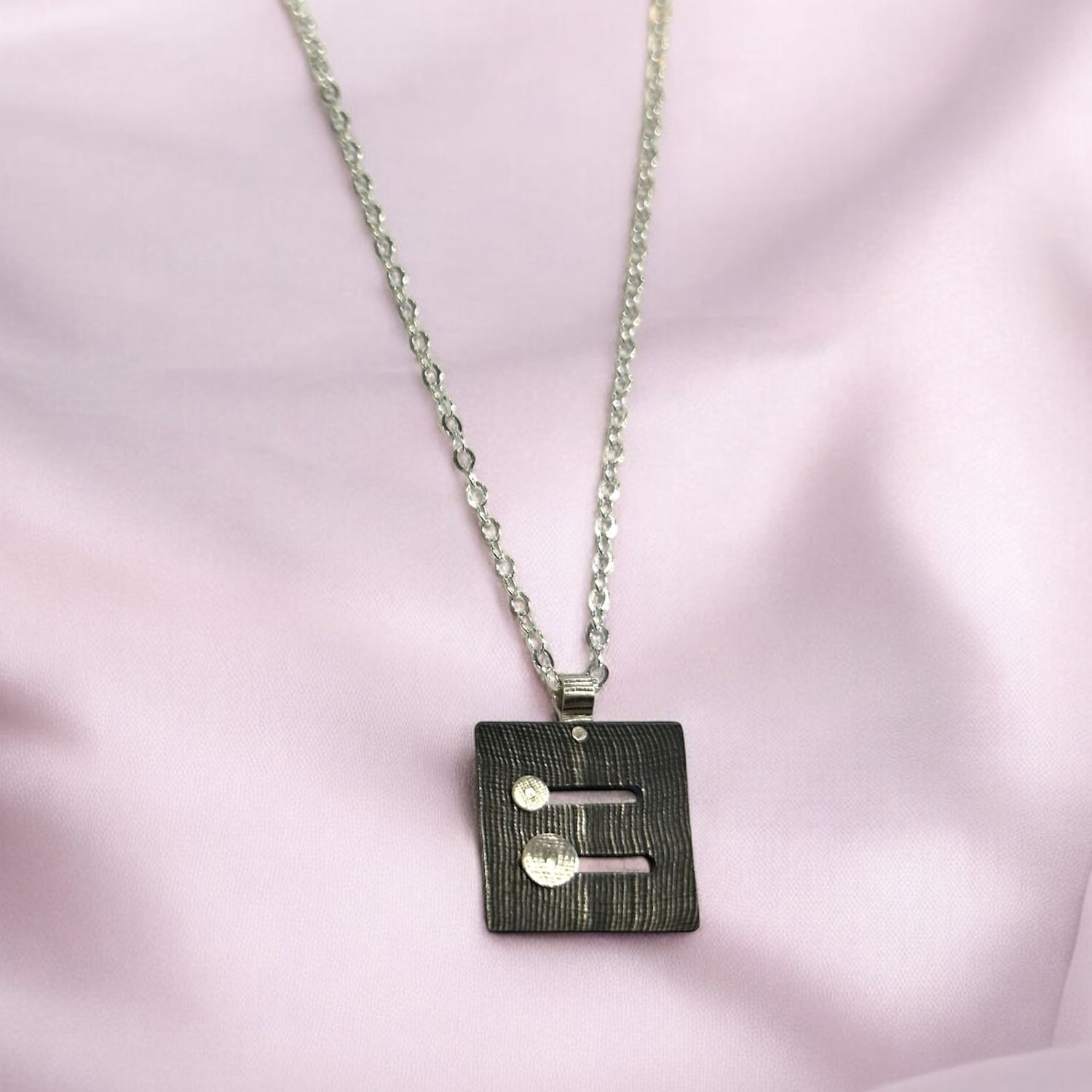 Bent Metal Necklace Oxidized Silver Square w/2 Slide Circles