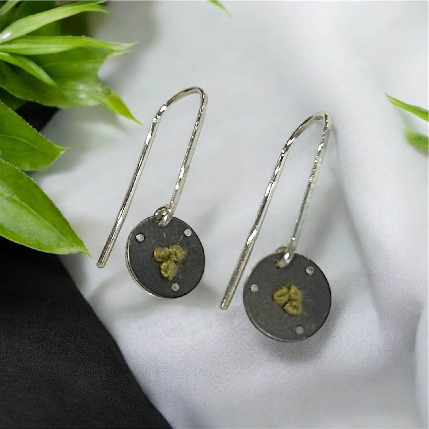 Bent Metal Threader Earrings Circle with Lt Green Silk Knots