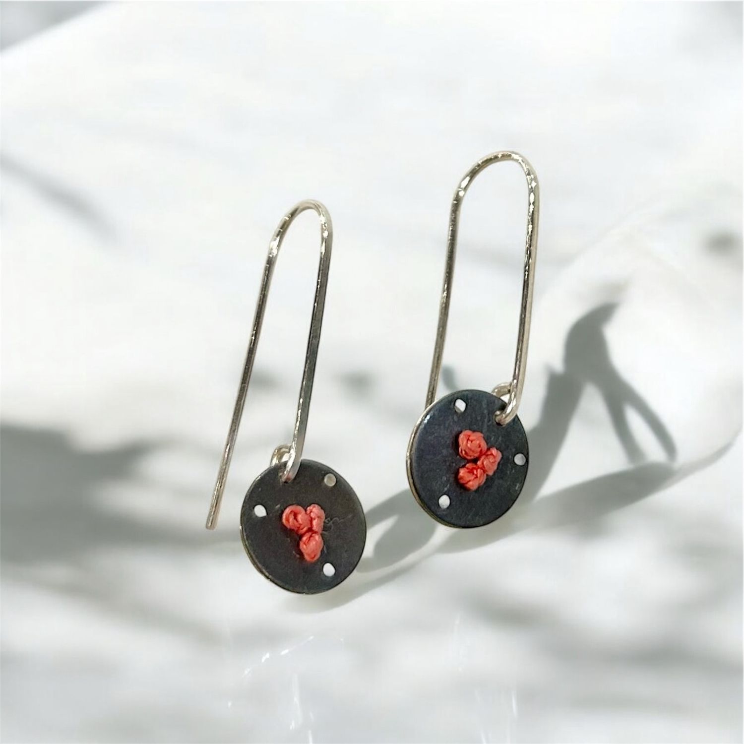 Bent Metal Threader Earrings Circle with Coral Silk Knots