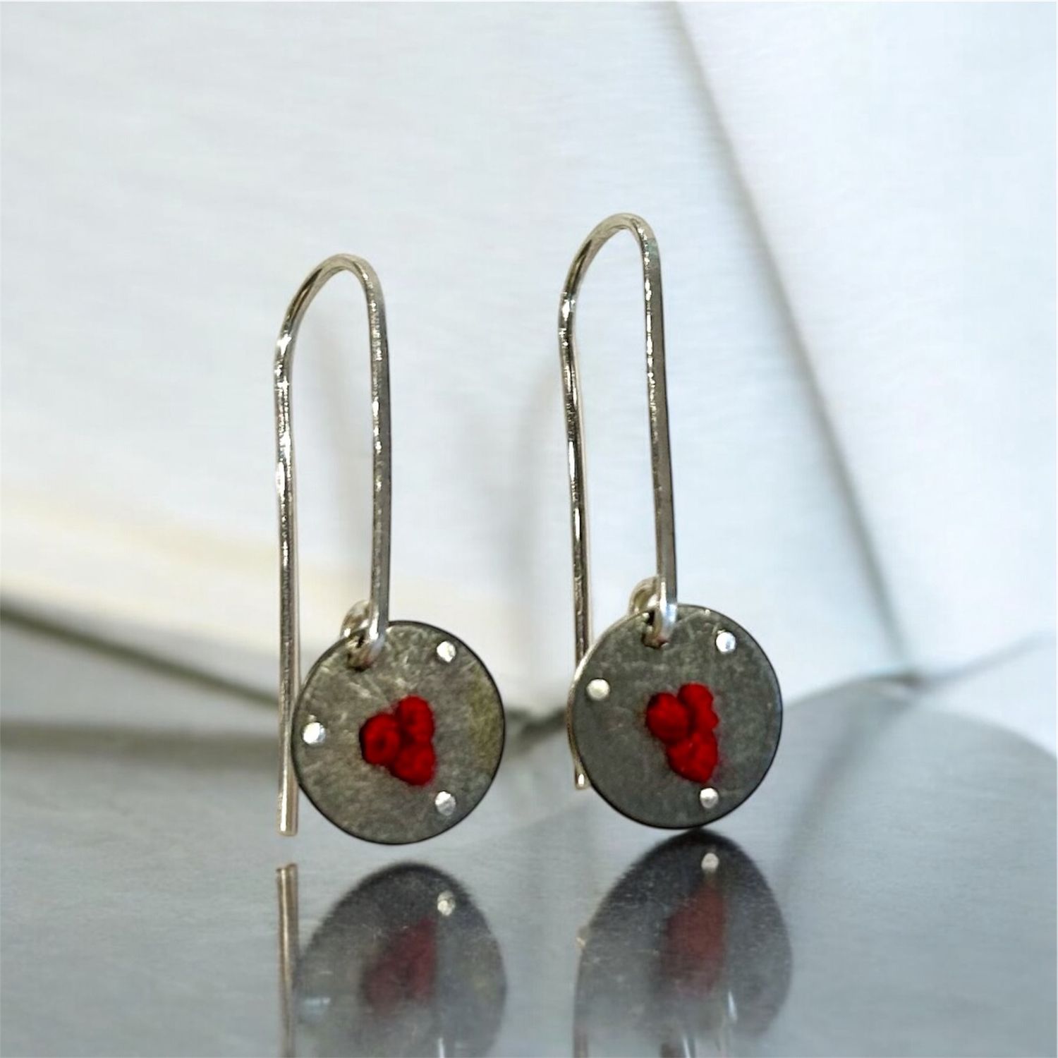 Bent Metal Threader Earrings Circle with Red Silk Knots