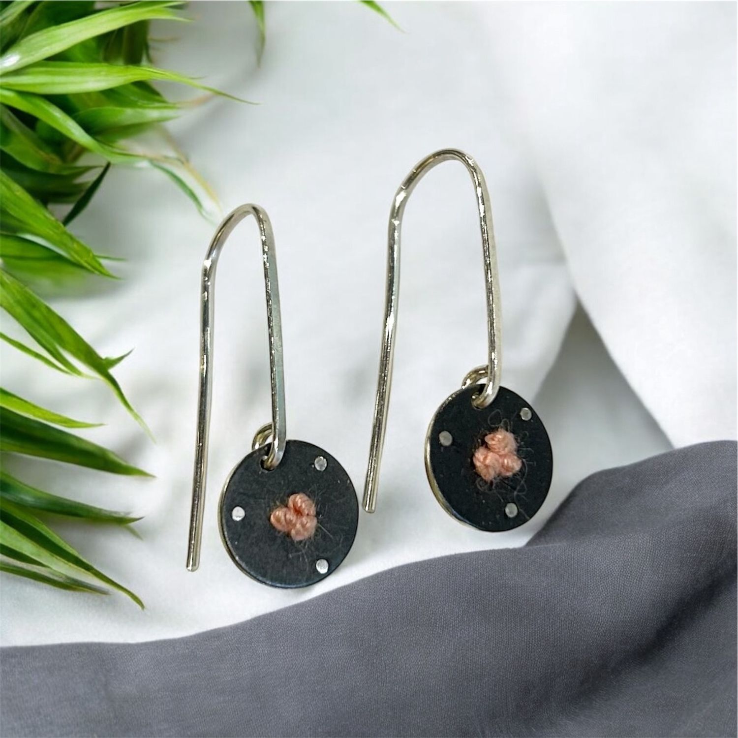 Bent Metal Threader Earrings Circle with Pink Silk Knots