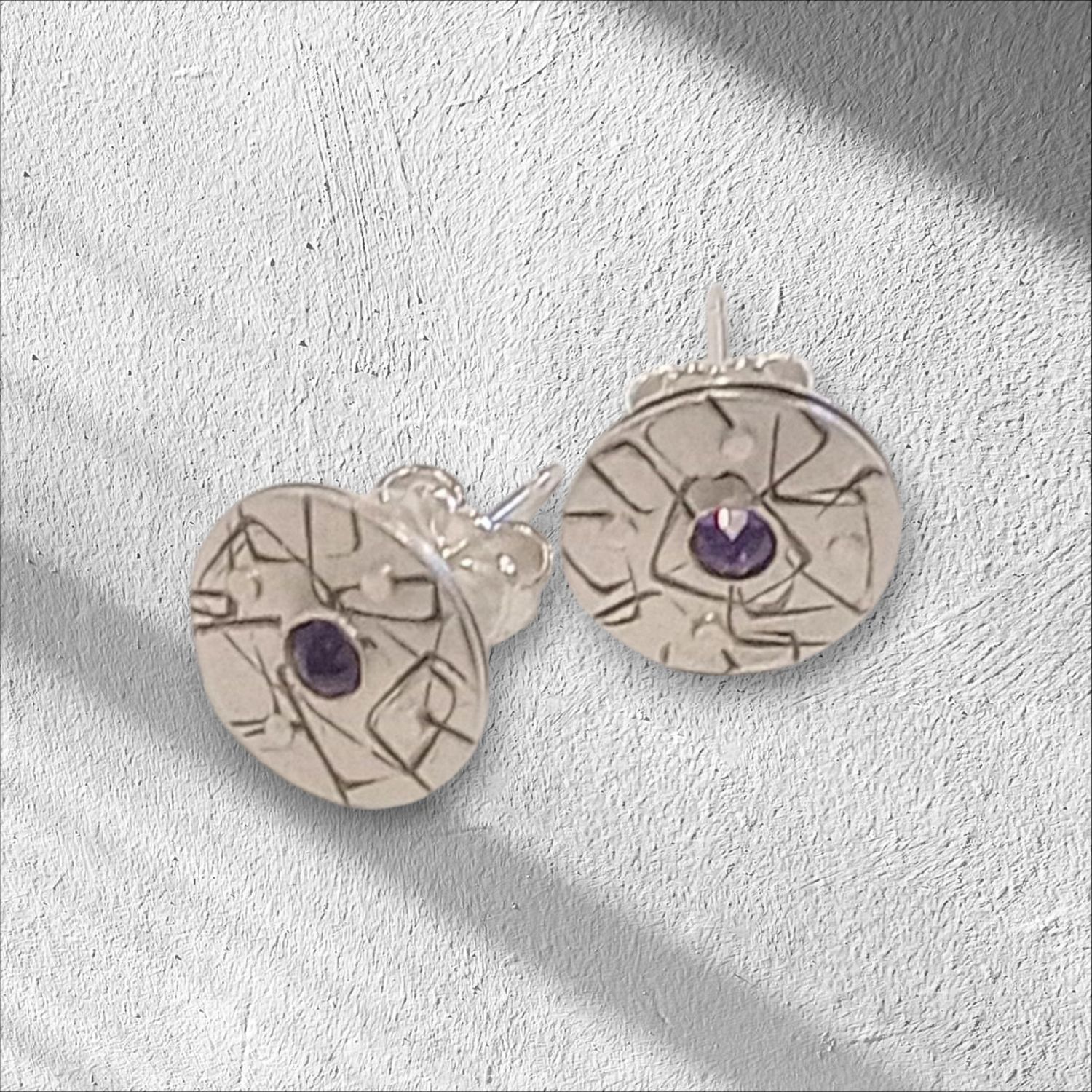 Bent Metal Post Earrings Amethyst Circle