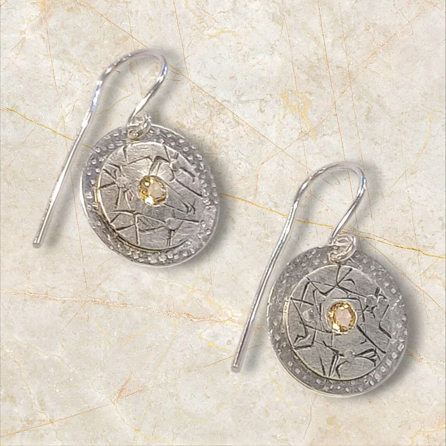 Bent Metal Earrings Citrine Discs