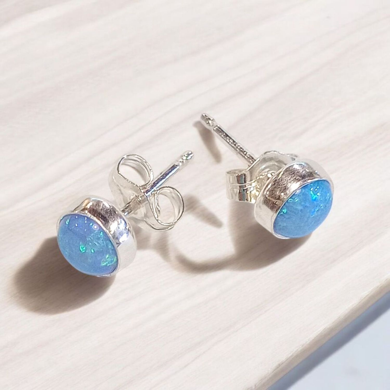 Steel Post Earrings Silver with Round Blue Opal