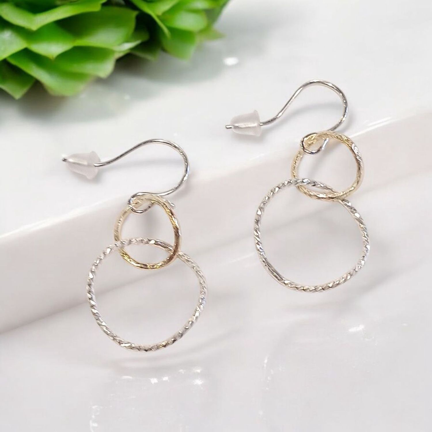 Steel Earrings Dangle Hammered Circles Mixed Metals