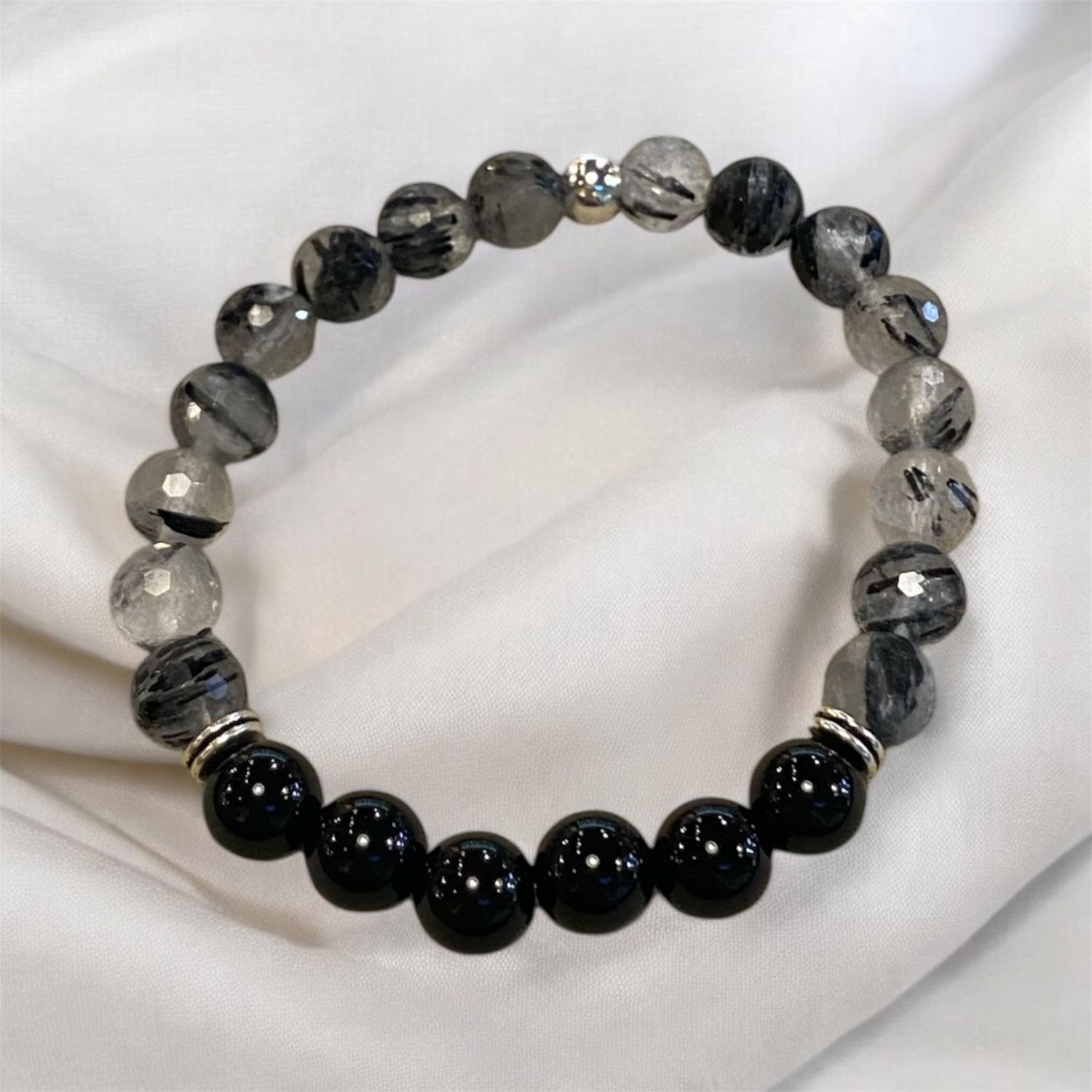 Very Visser Stretch Bracelet Reticulated Quartz + Black Jasper Beads