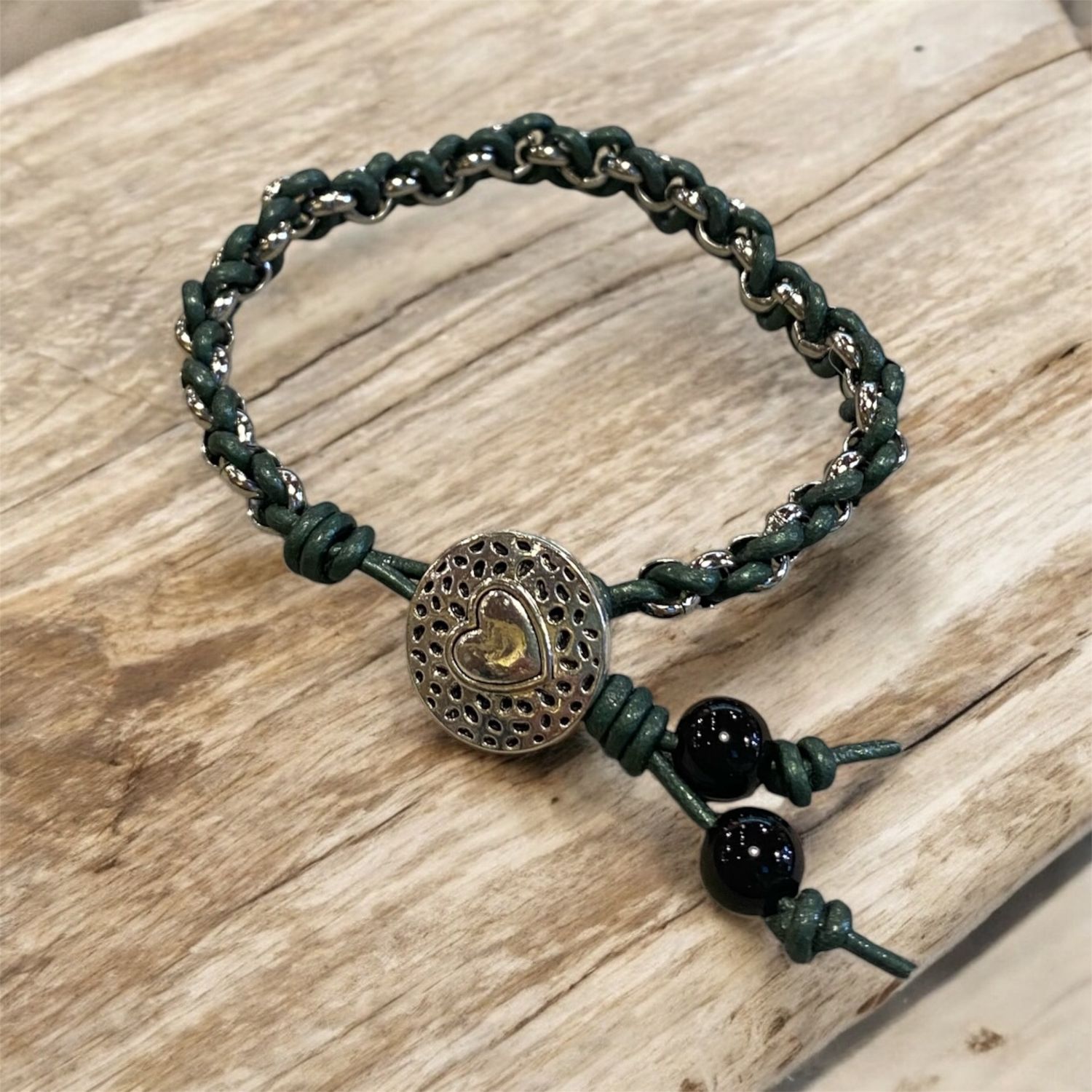 Very Visser Bracelet Ocean Green Leather Through Rolo Chain w/ Onyx Tails
