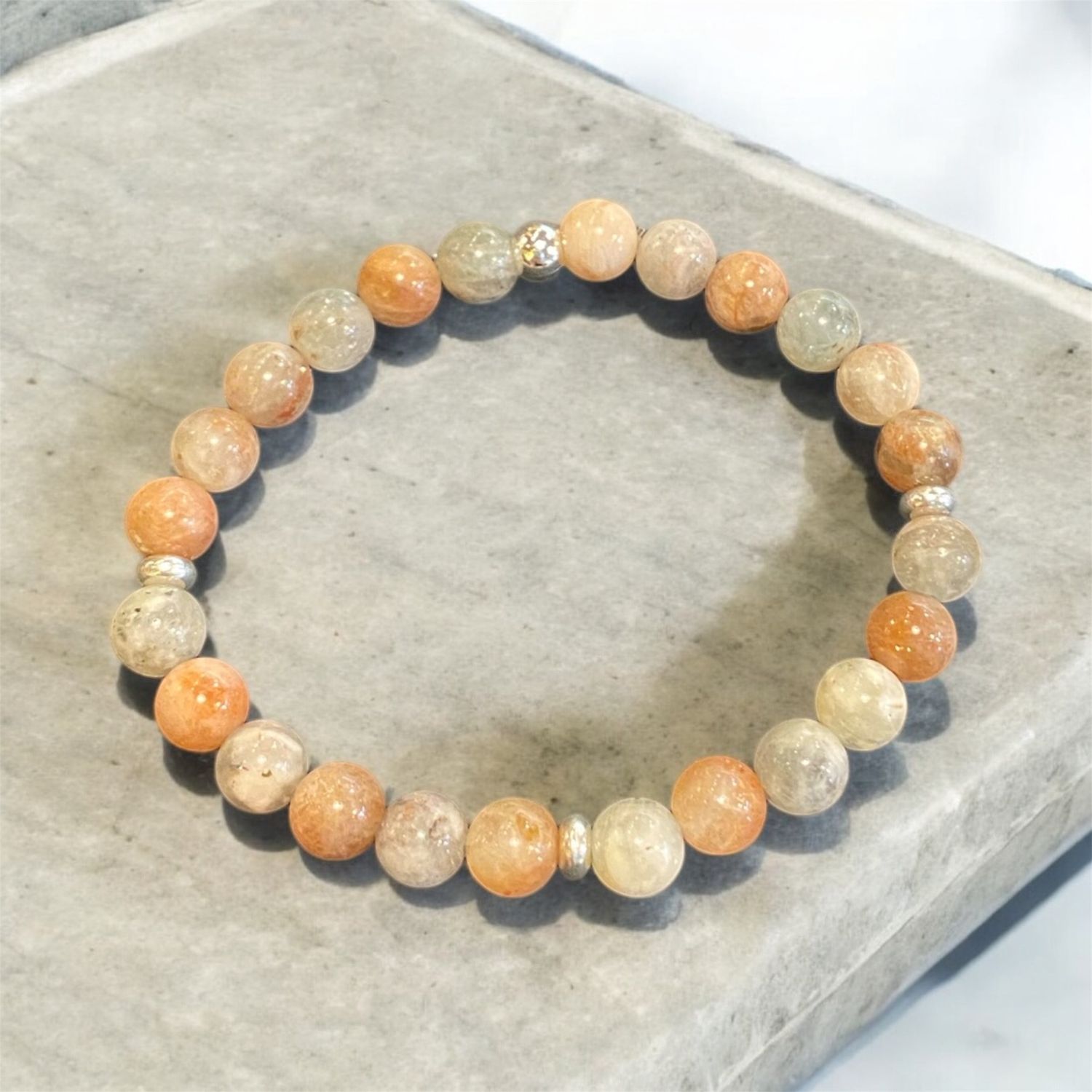 Very Visser Stretch Bracelet Peach &amp; Gray Beads w/ Silver Spacers