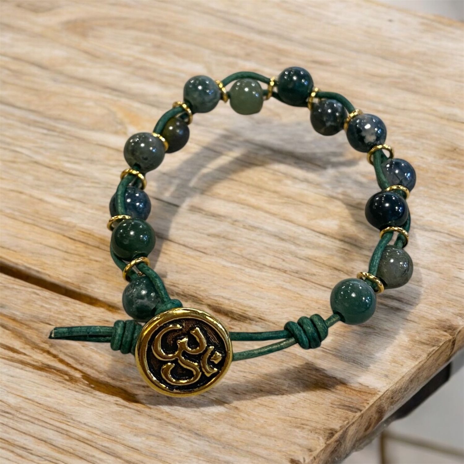 Very Visser Bracelet Turquoise Leather w/ Moss Agate Beads &amp; Gold Rings