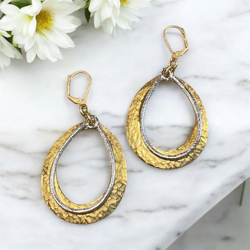 Very Visser Earring Hammered Gold &amp; Silver Textured Hoops