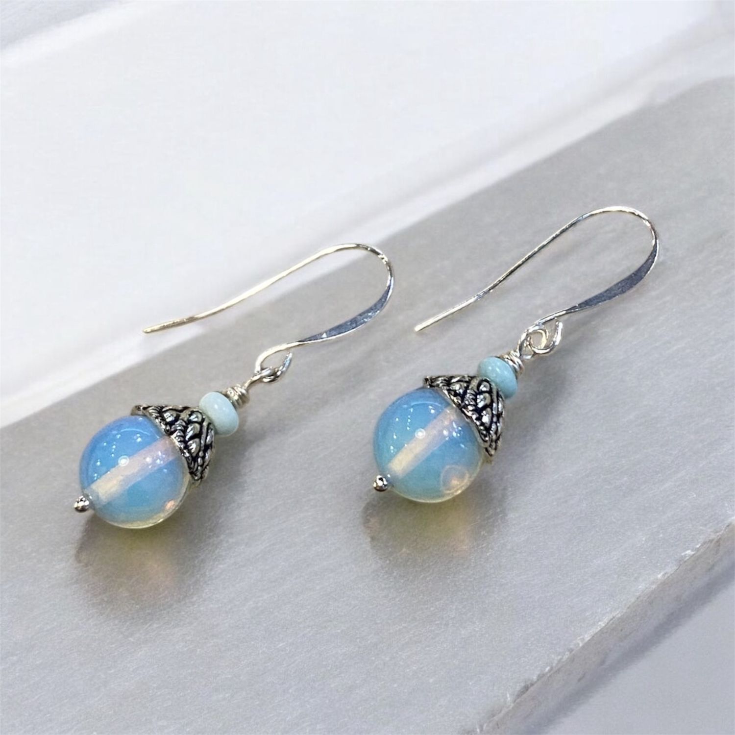 Very Visser Earring Opalite Bead with Silver Cap + Blue Rondelle