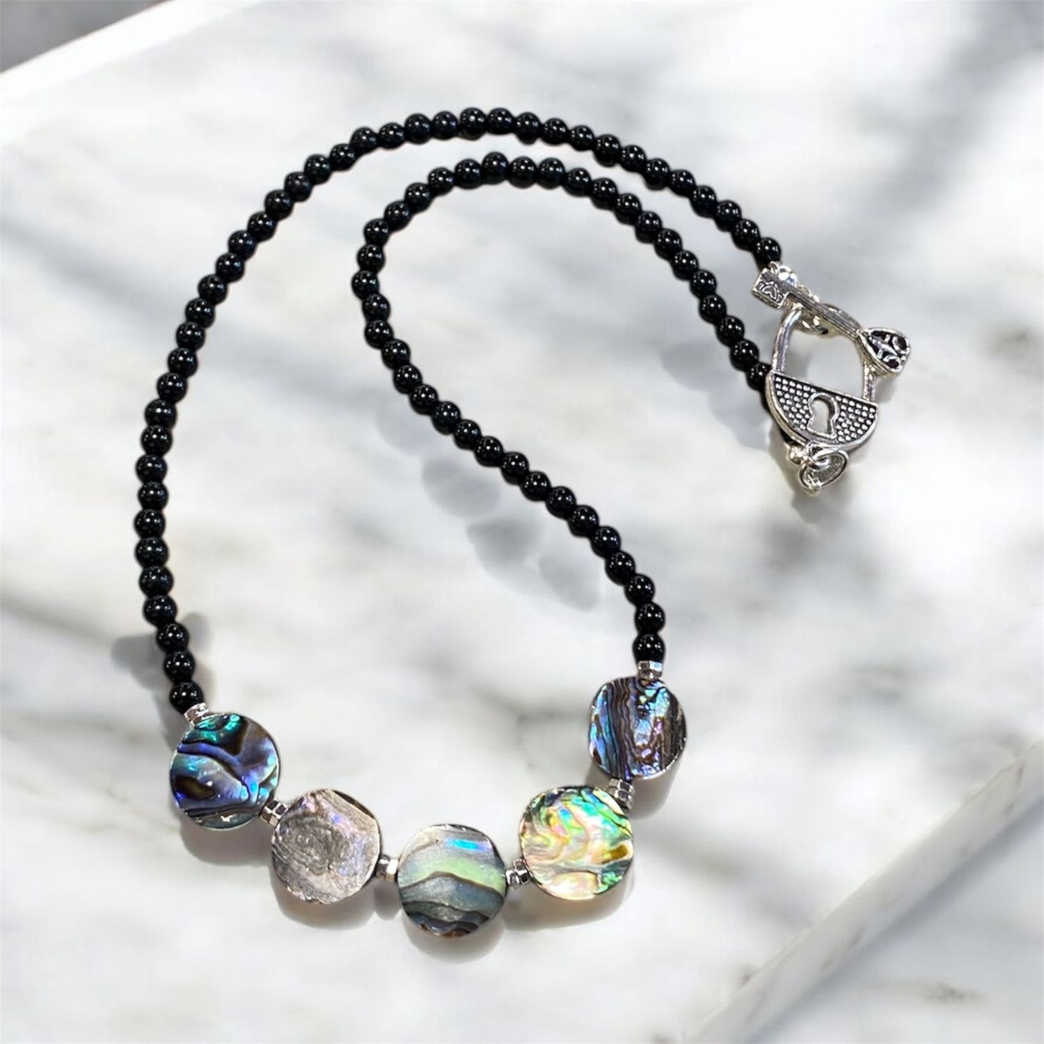 Very Visser Necklace Black Jasper w/ Five Abalone Coins