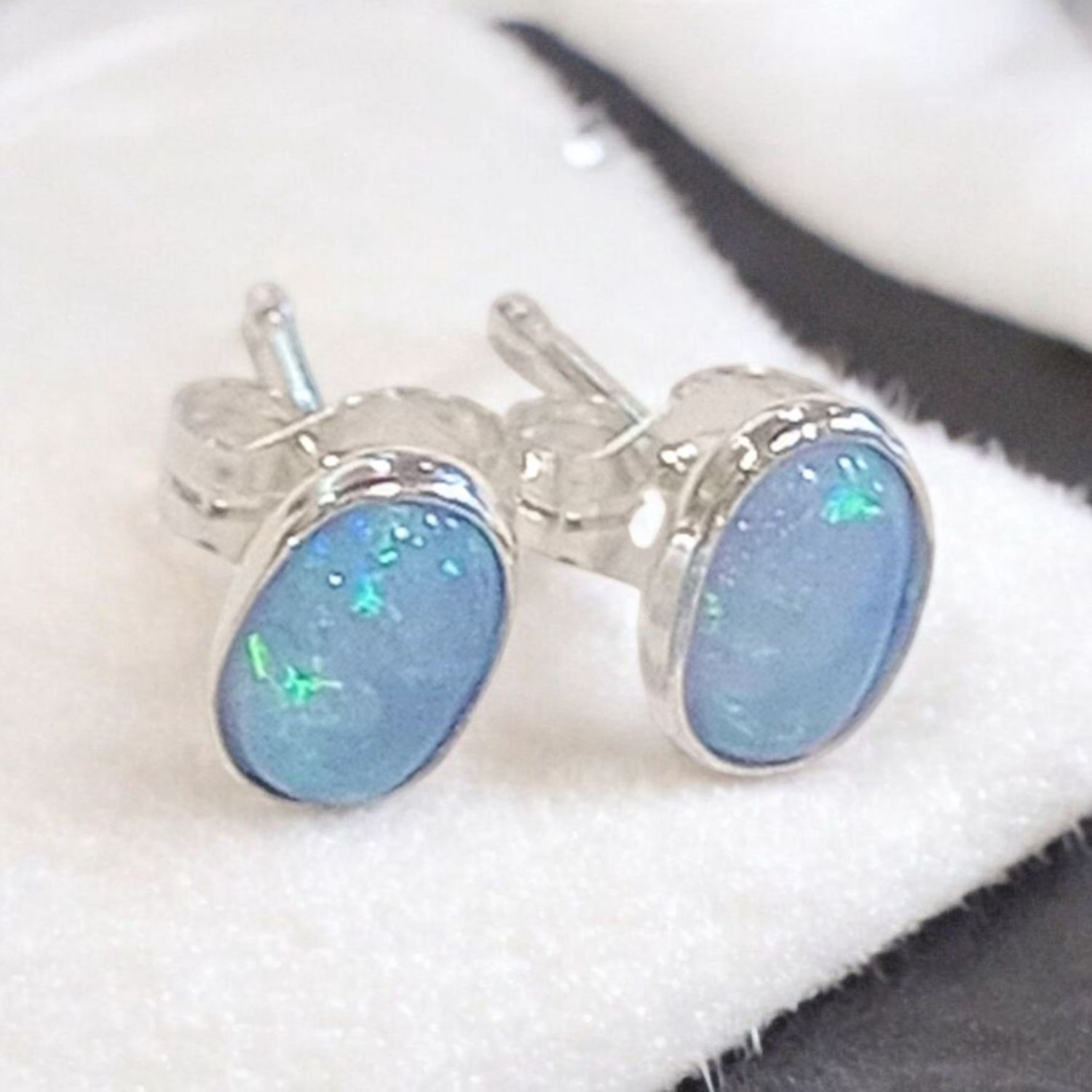 Steel Post Earrings Silver with Blue Opal