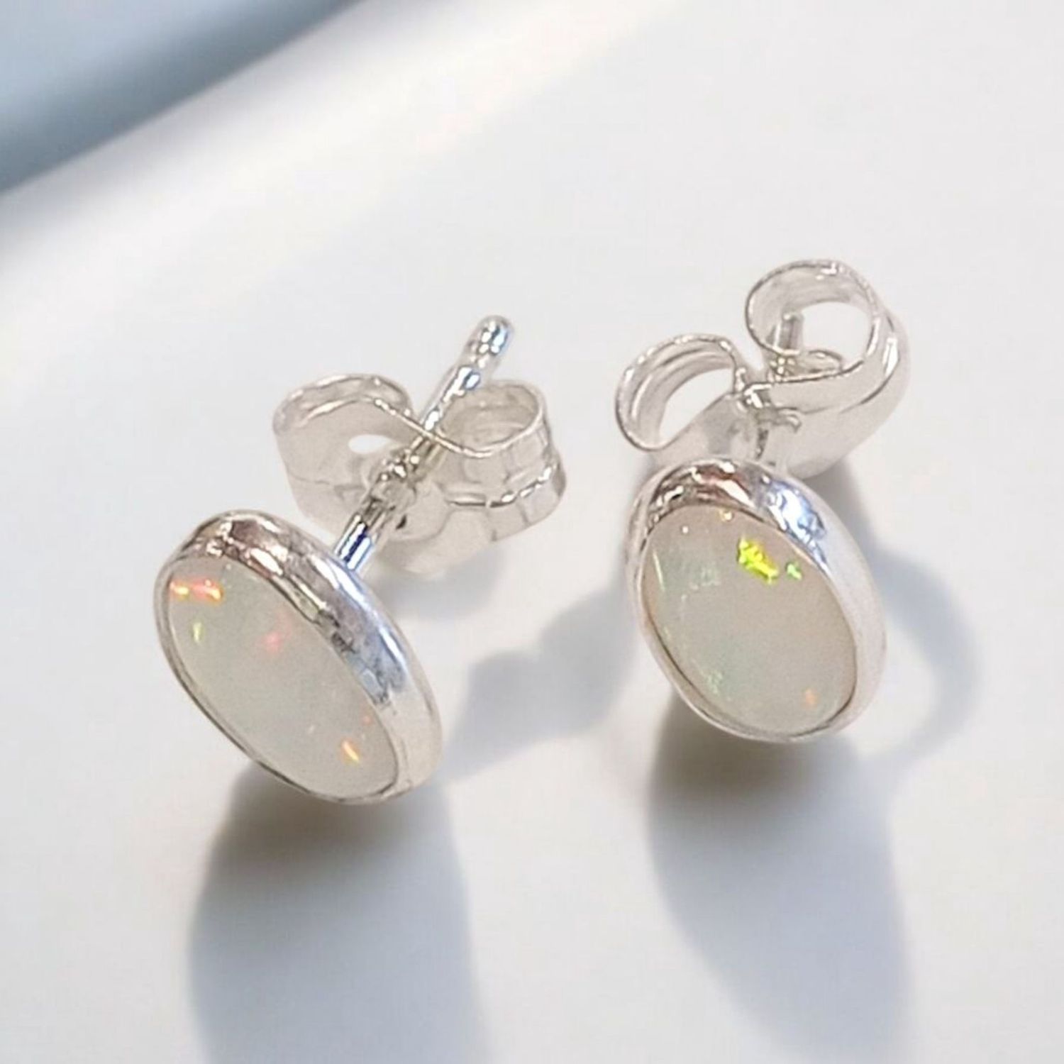 Steel Post Earring Silver with White Opal