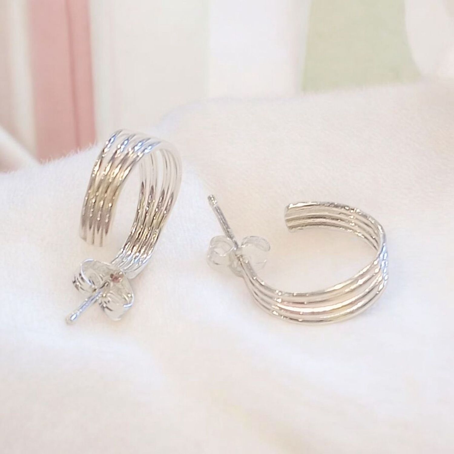 Steel Earring Small 4 Band Silver Hoop Post