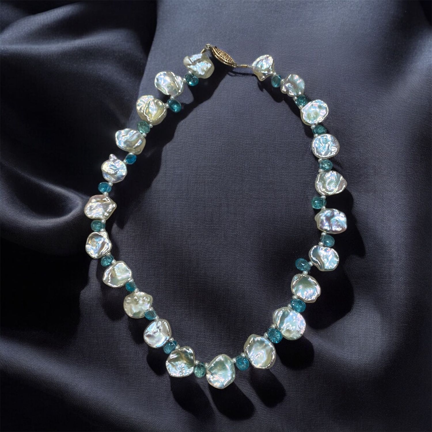 Trueworthy Necklace High Luster Petal Pearls with Faceted Apatite Brios