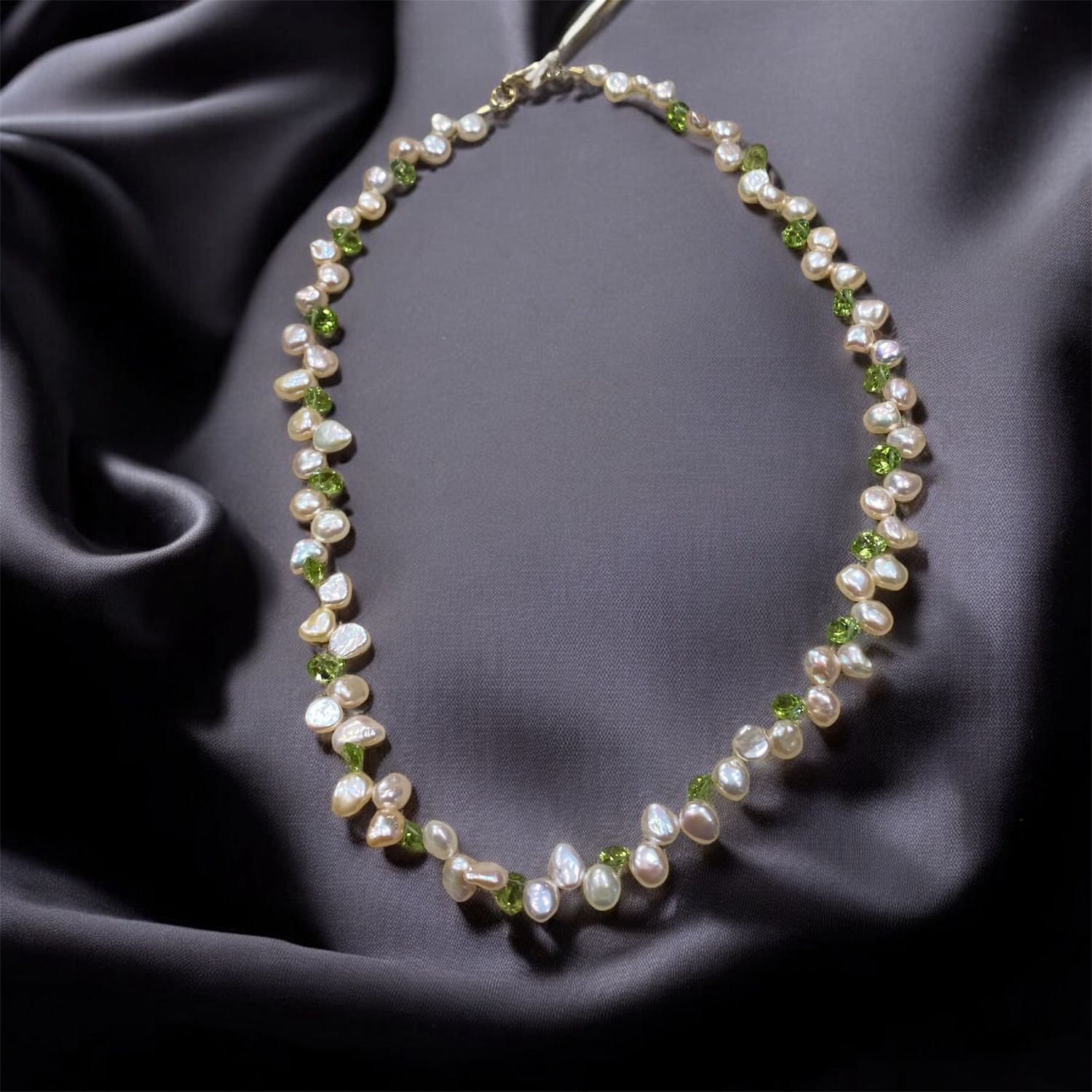 Trueworthy Necklace Peach Keishi Pearls and Faceted Peridot Gems