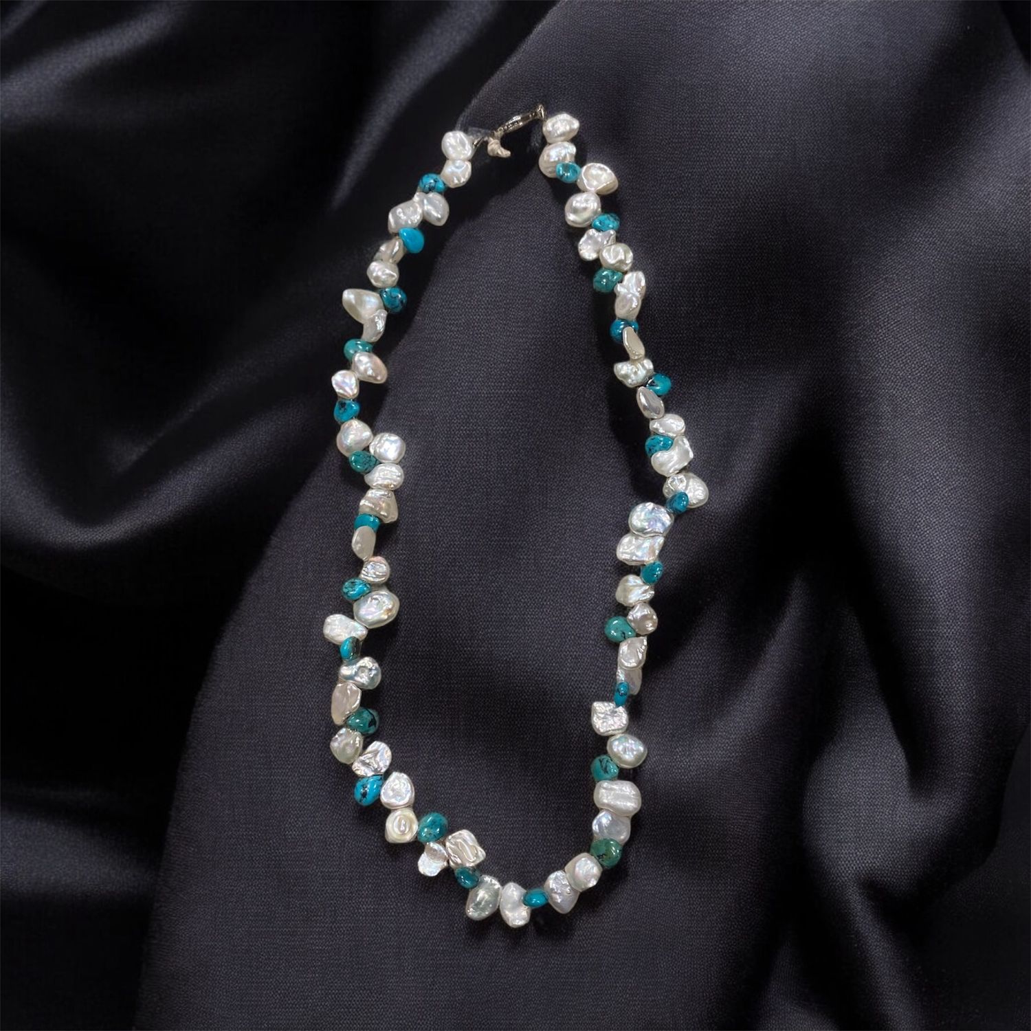 Trueworthy Necklace White Keshi Pearls and Turquoise Brios