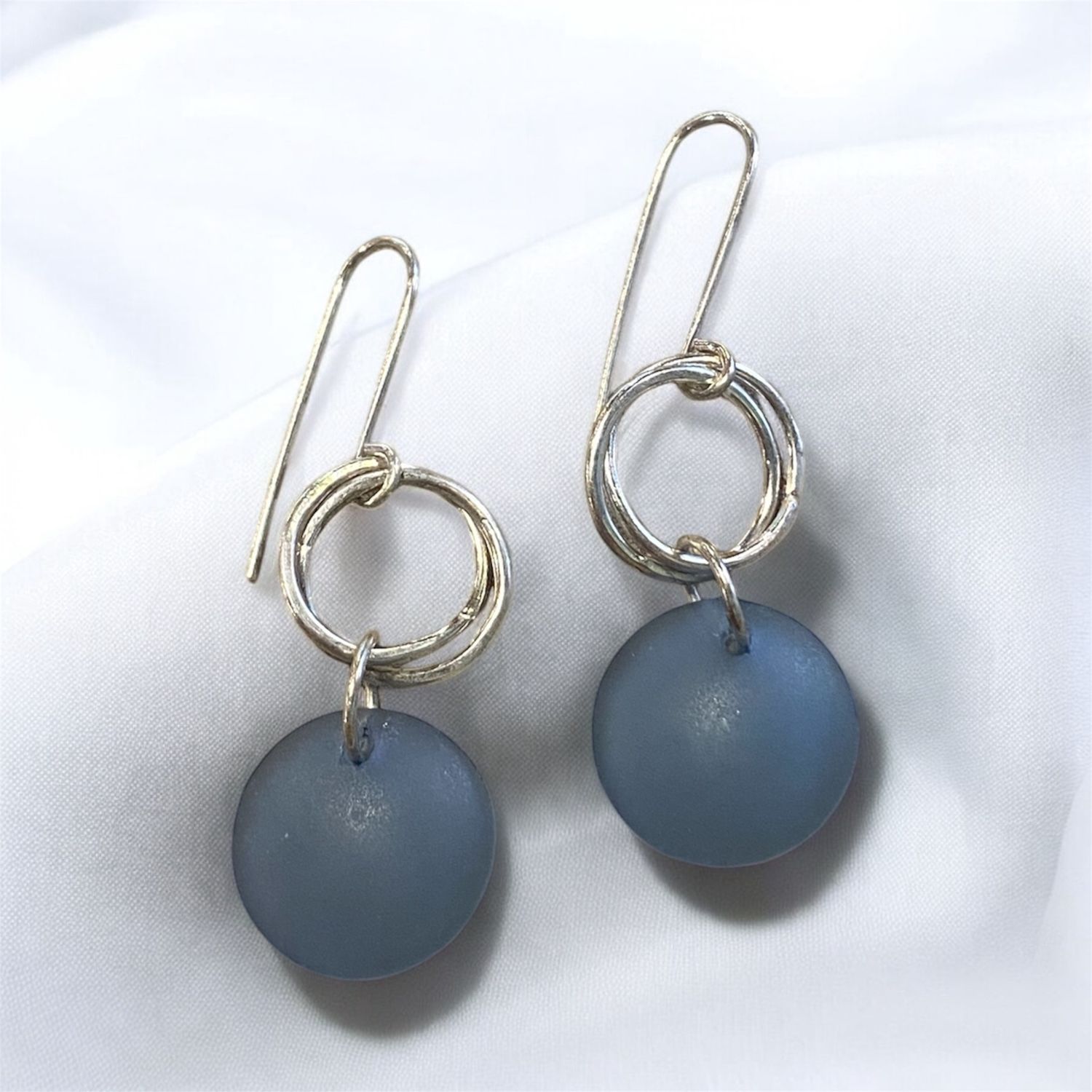 Sunshine Earrings Round Frosted Blue Beach Glass on Sterling Rings
