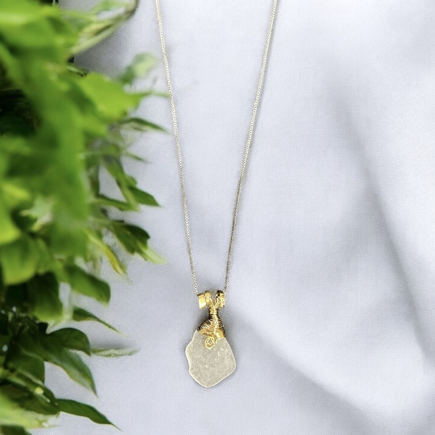 Blue Quarry Necklace Beach Glass Brass Bail
