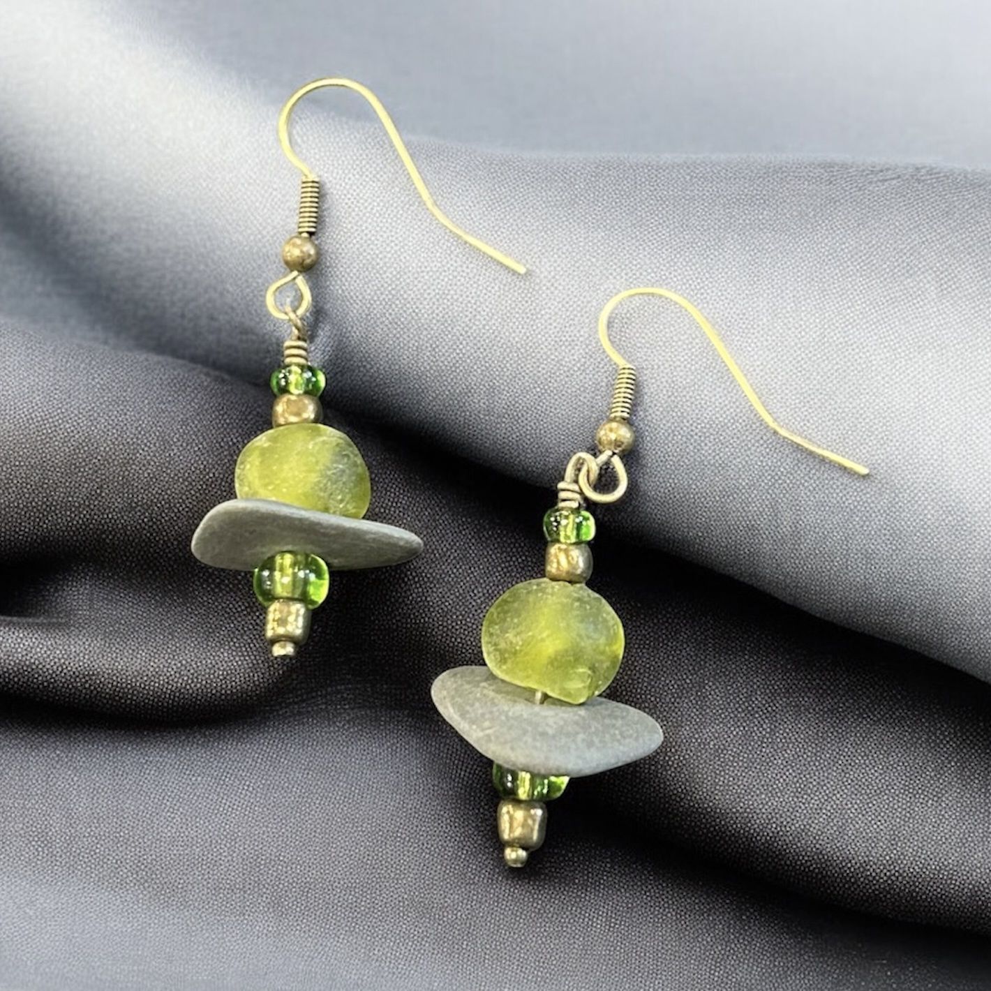 BQO Earrings Finger Lakes Beach Stones with Vintage Green Beads