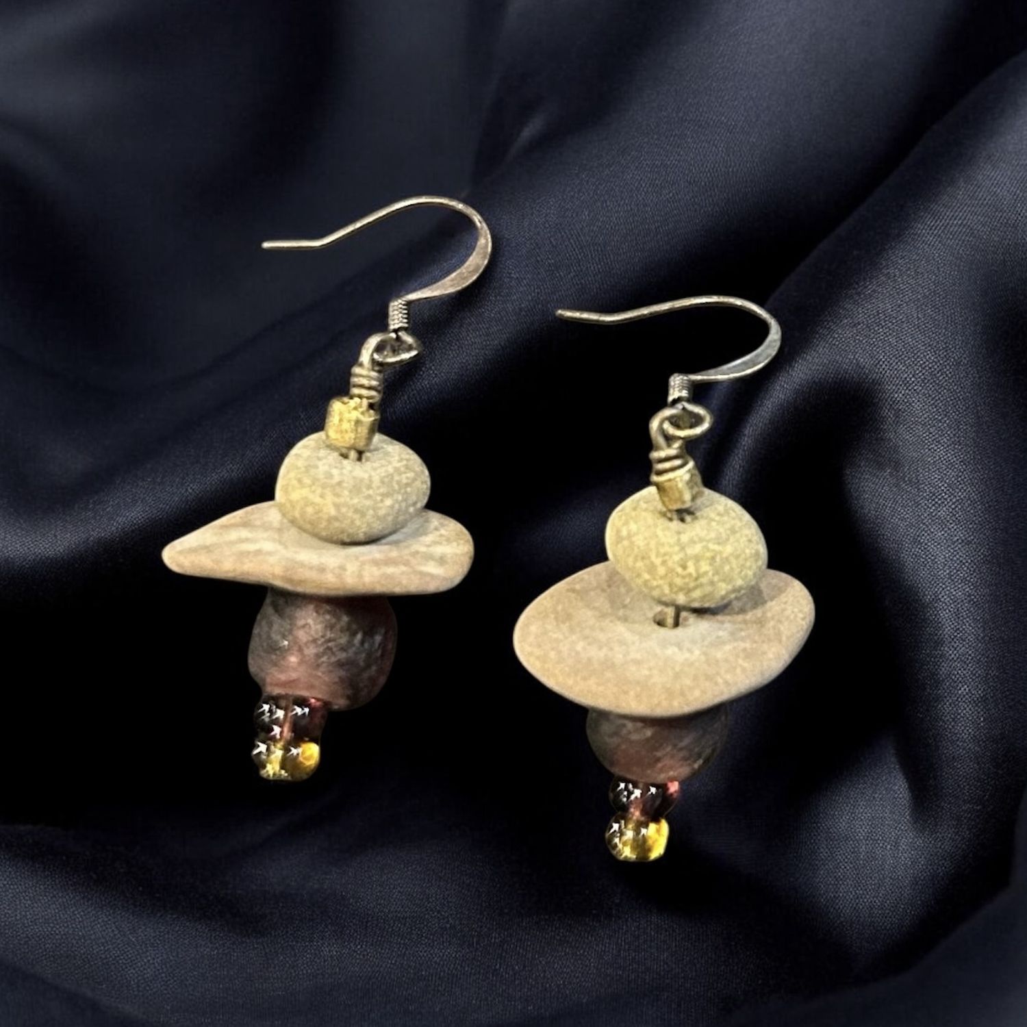 BQO Earrings Finger Lakes Beach Stone with Purple Vintage Bead