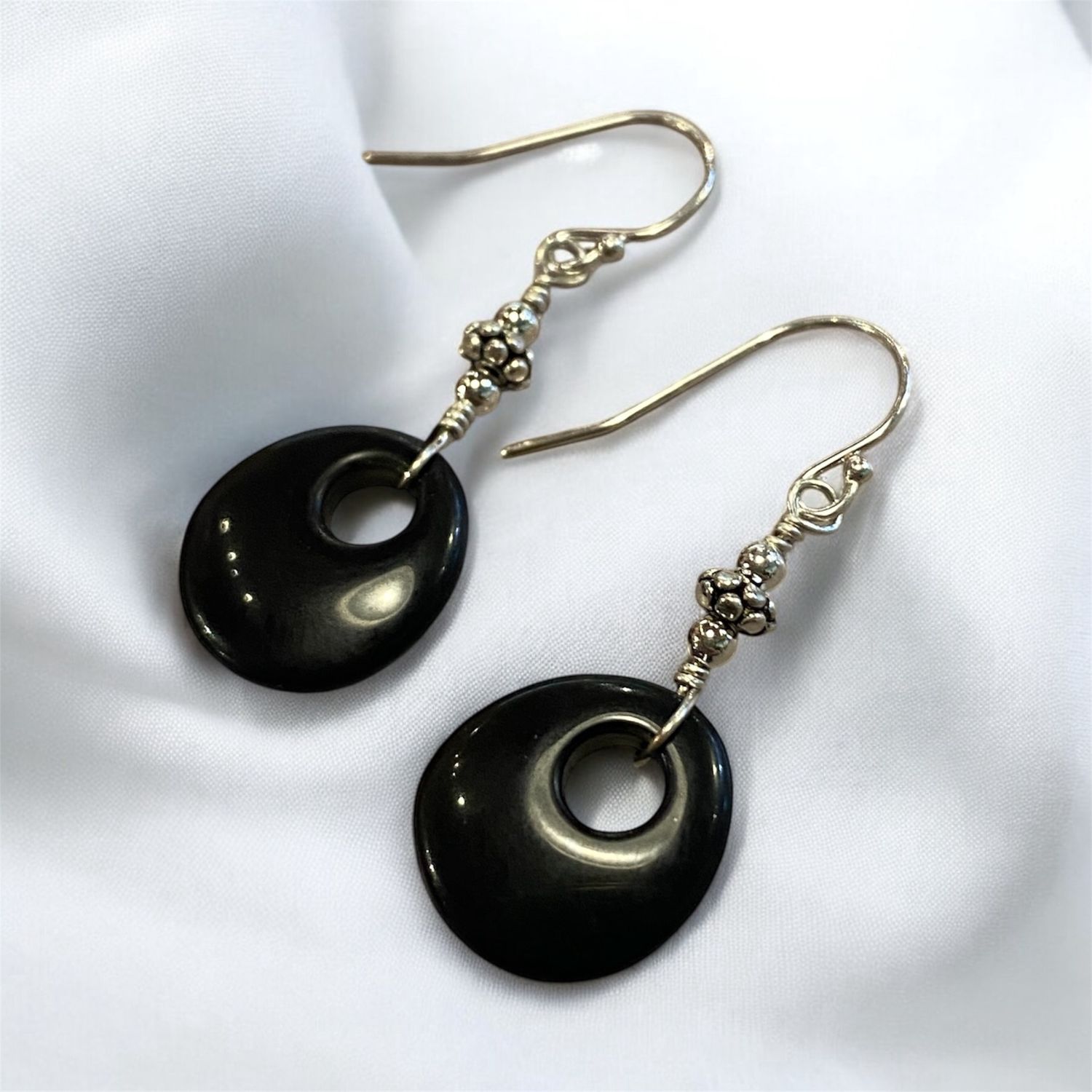 Obsidian Orbit Earrings — Hand-Wrapped Black Obsidian Hoops on Sterling Silver