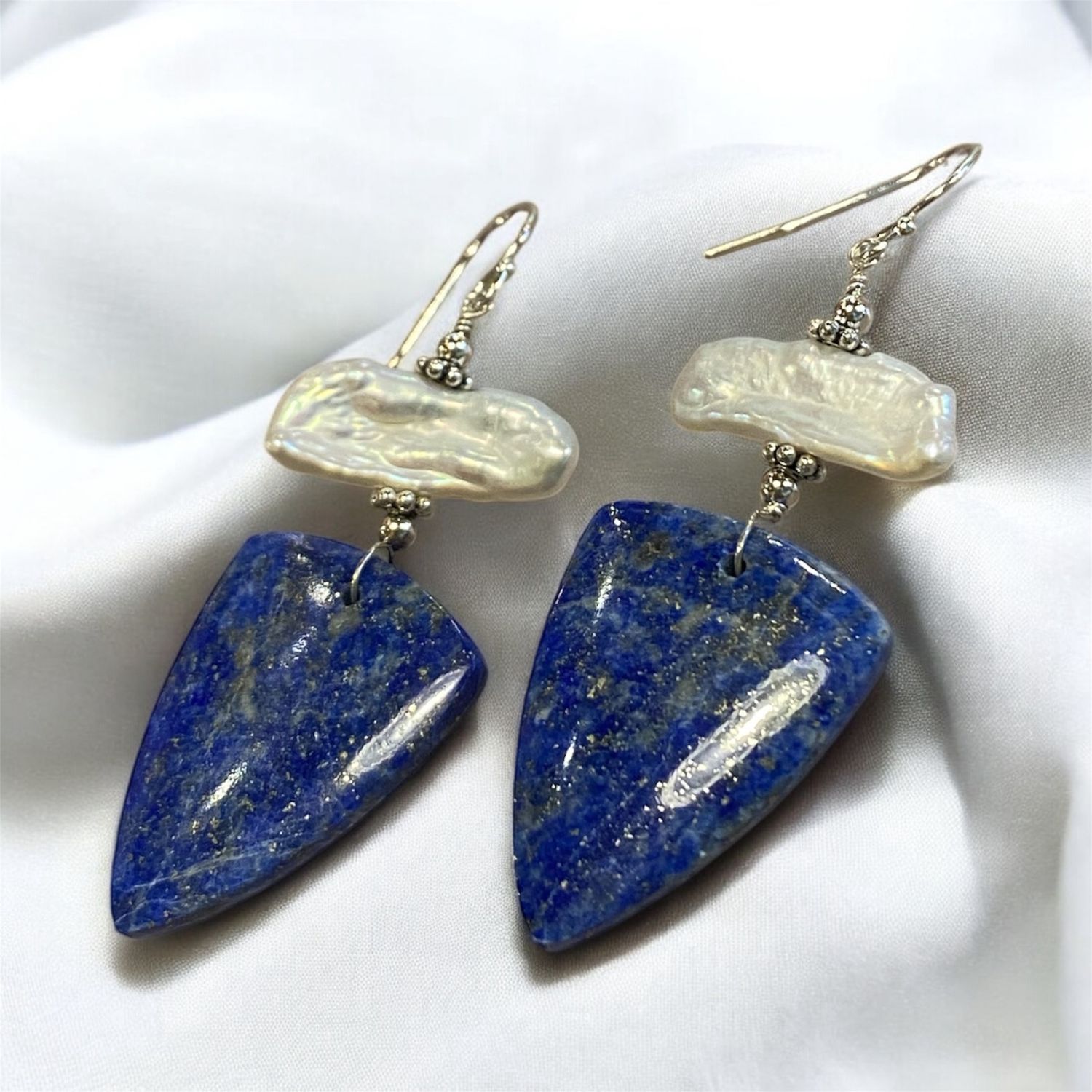 Celestial Cascade Earrings — Niwa Stick Pearl &amp; Lapis Triangle on Sterling Silver
