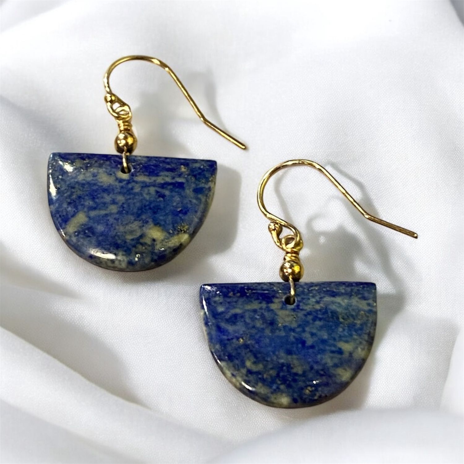 Celestial Crescent Earrings — Hand-Wrapped Lapis Lazuli on 14K Gold-Filled Ear Wires
