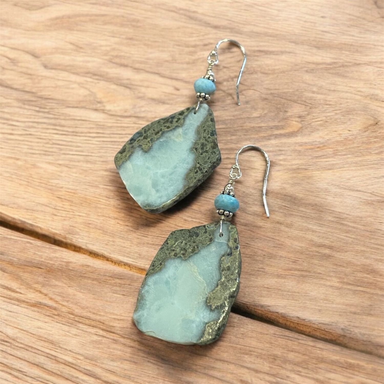 Sea Mist Earrings — Hand-Wrapped Larimar Slabs with Faceted Bead on Sterling Silver