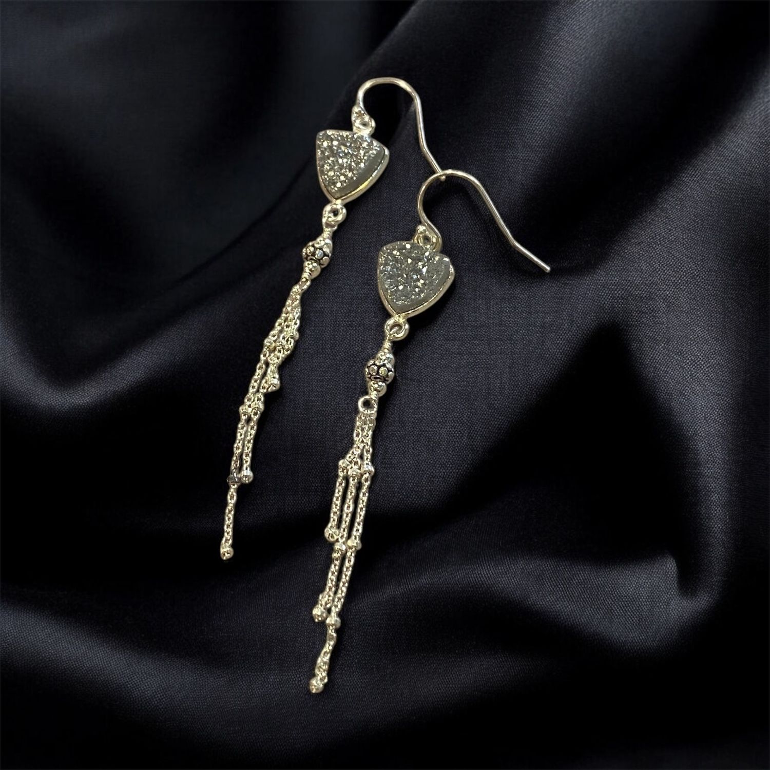 Lunar Cascade Earrings — Silver Druzy Triangle with Sterling Fringe