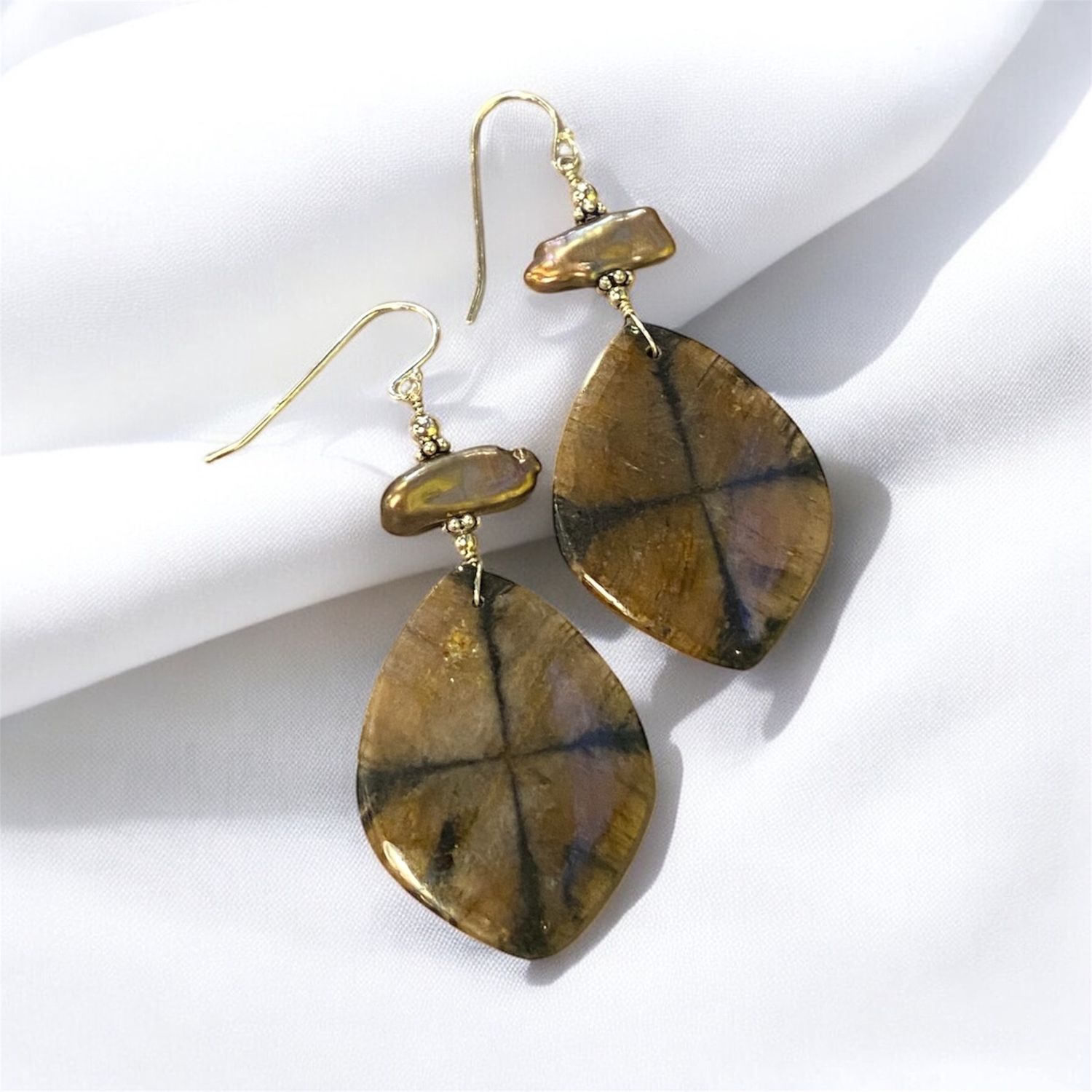 Earth &amp; Ember Earrings — Chiastolite and Brown Biwa Pearls on Sterling Silver