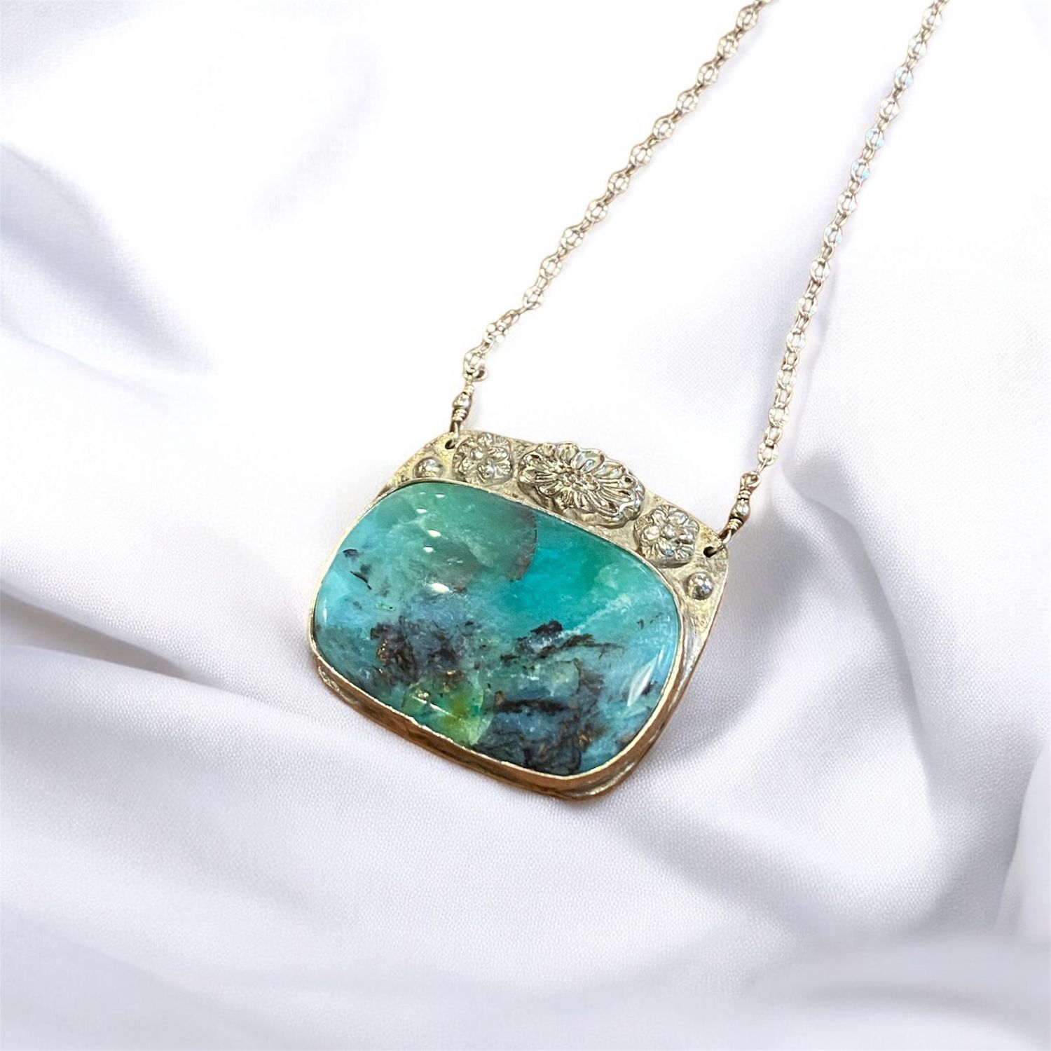 Floral Serenity Necklace — Peruvian Blue Opal with Precious Metal Clay Motif