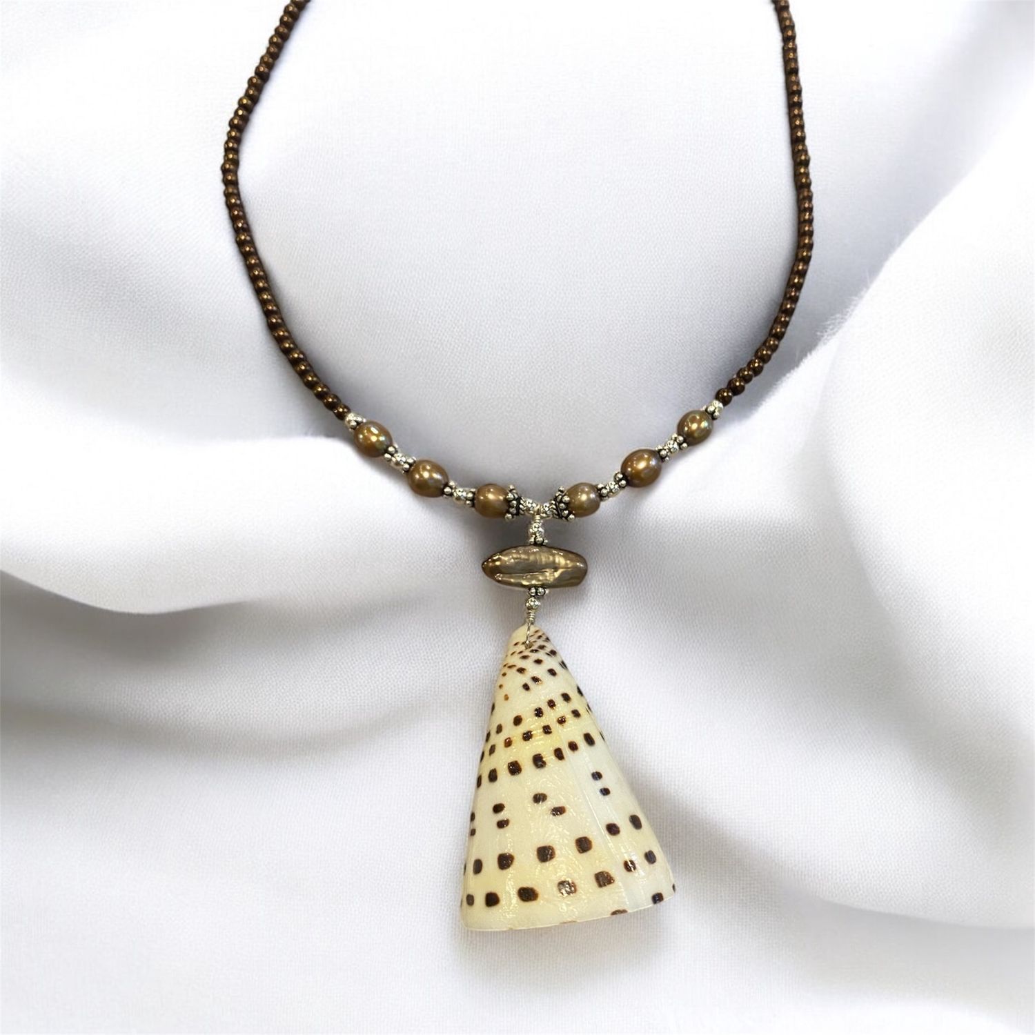 Coastal Elegance Necklace — Betuline Cone Shell &amp; Biwa Pearl with Champagne Accents
