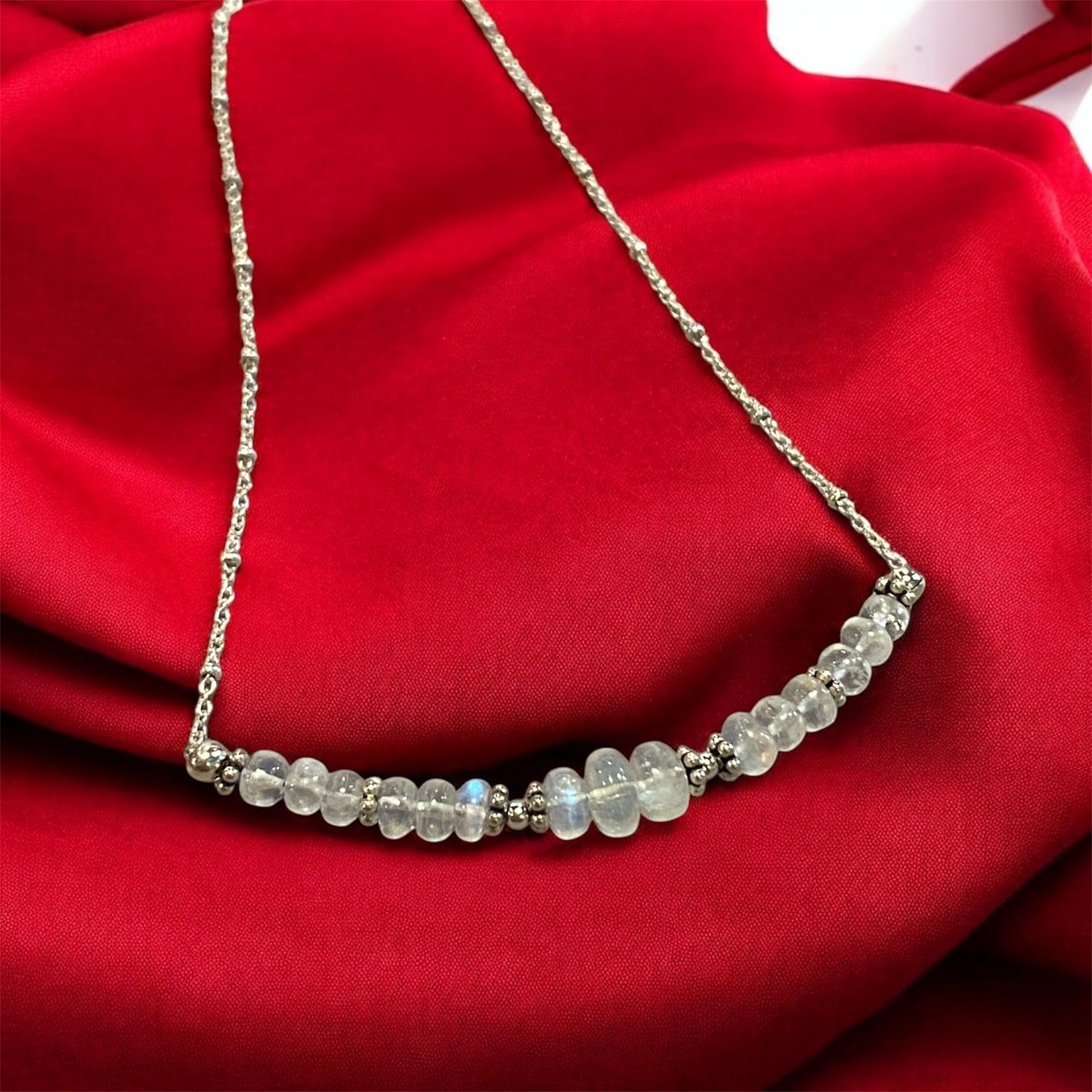 Lunar Glow Necklace — Rainbow Moonstone Bar with Sterling Silver Accents