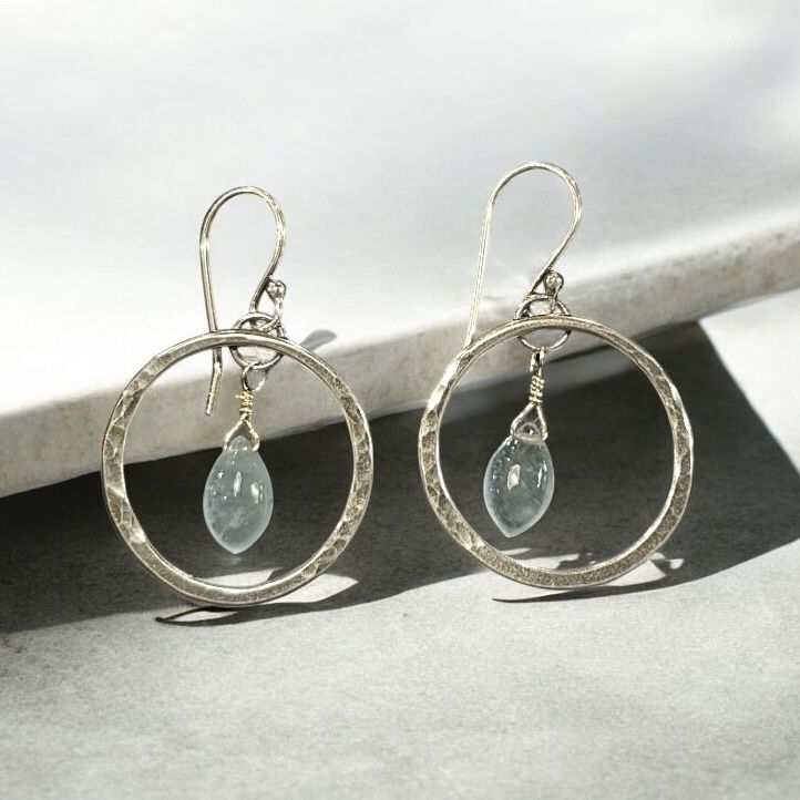 LLS Earrings Dangle Hoops with Aquamarine Teardrop Center