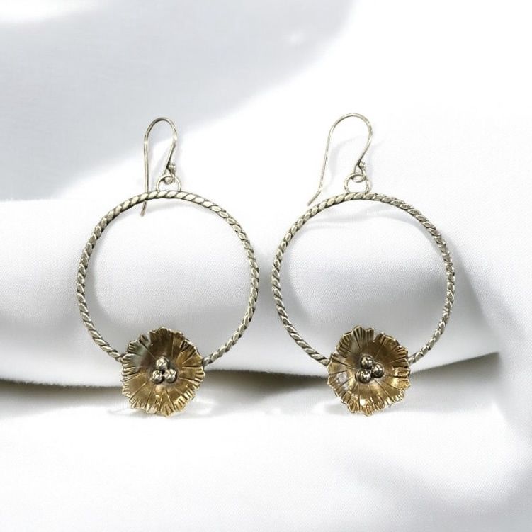 LLS Earring Brass Flower on Twisted Silver Hoop