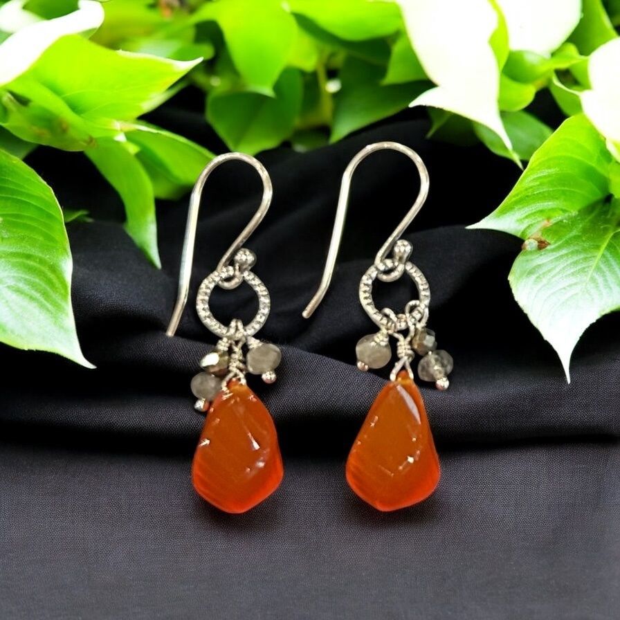 LLS Earrings Twisted Carnelian Drop with Labradorite , Pyrite and Sterling Silver