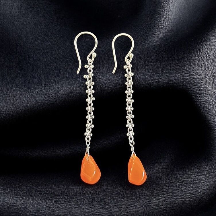 LLS Earring Dangle Balled Sterling Silver Chain with Carnelian Twist Drop